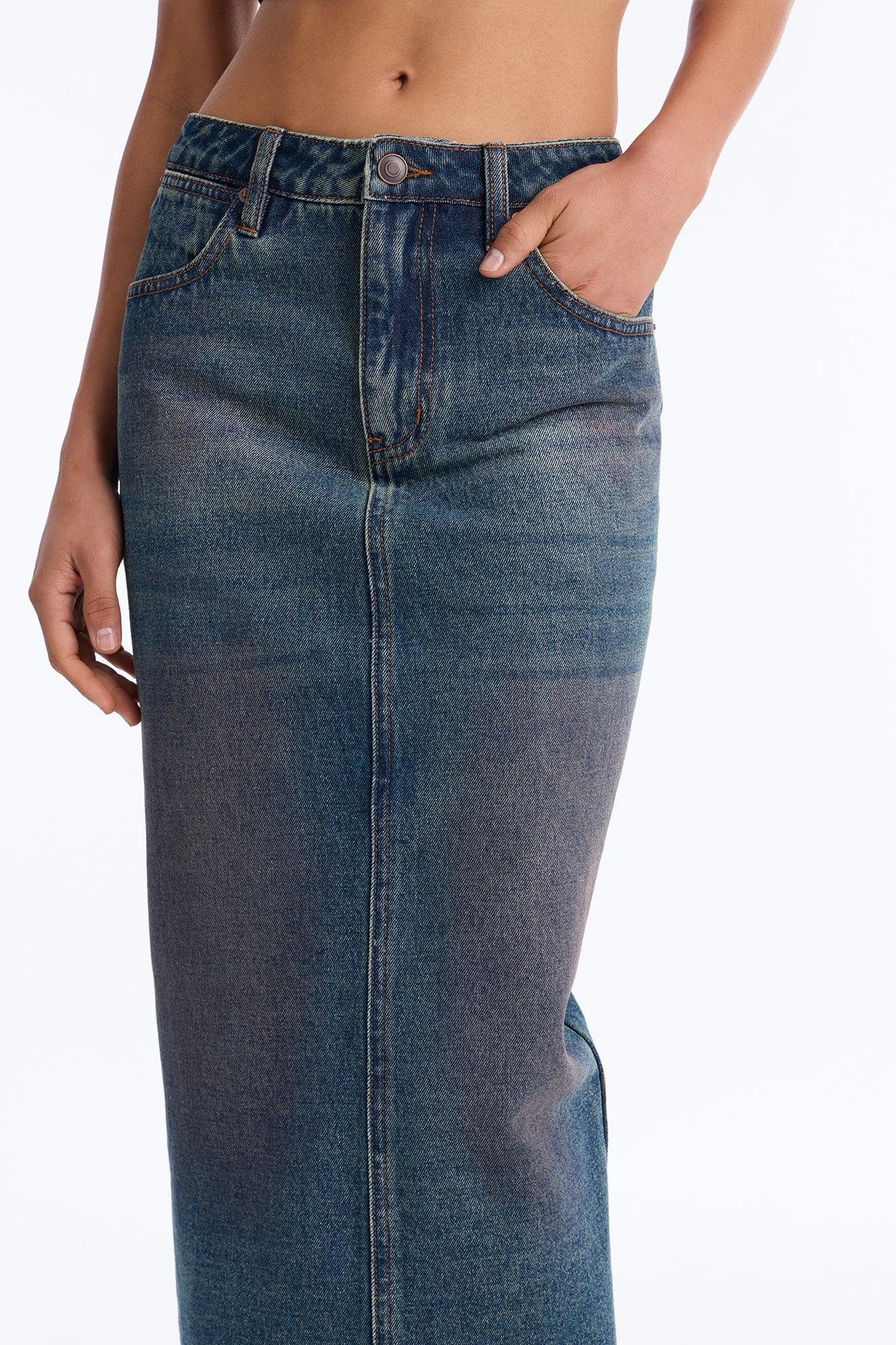 Adri Pink Tinted High Slit Denim Maxi Skirt - Vintage Wash Female Product Image