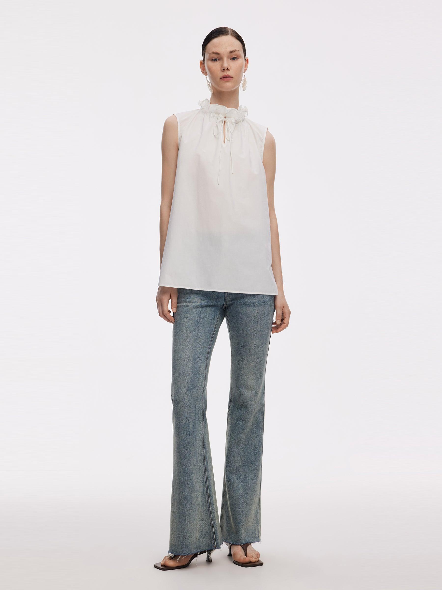 100% Cotton Ruffled Collar Women Sleeveless Blouse Product Image