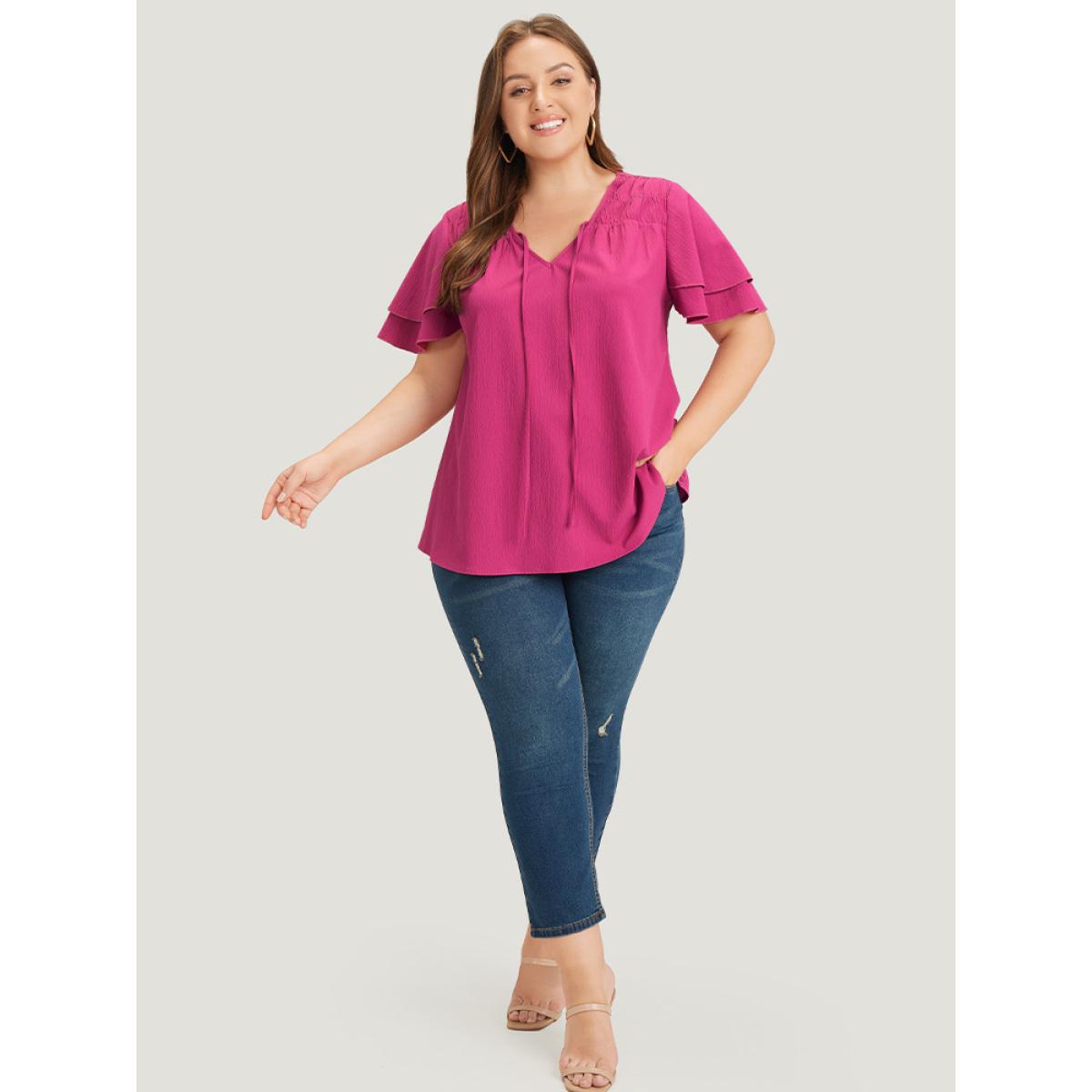 Plus Size RedViolet Solid Tie Neck Shirred Flutter Layered Sleeve Blouse Women Elegant Short sleeve Tie Neck Dailywear Blouses BloomChic 30/6X Product Image