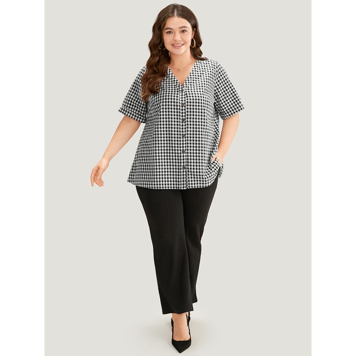 Plus Size Black Gingham V Neck Button Through Blouse Women Office Short sleeve V-neck Work Blouses BloomChic 22-24/3X Product Image