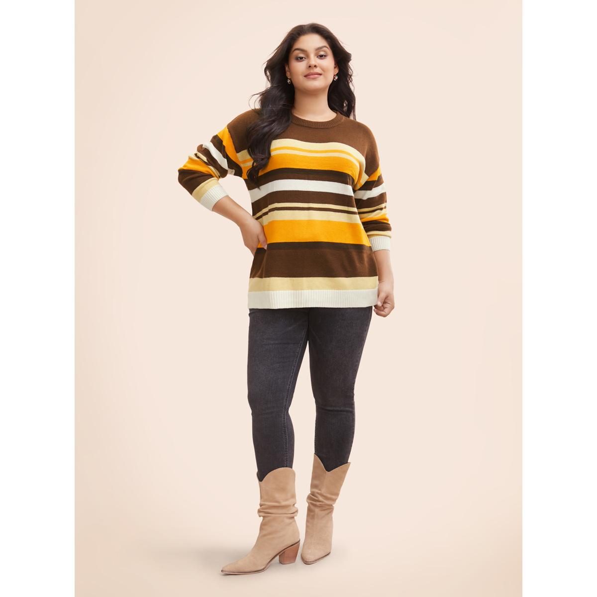 Plus Size Contrast Striped Drop Shoulder Sleeve Pullover Multicolor Women Casual Long Sleeve Round Neck Everyday Pullovers BloomChic 28/5X Product Image
