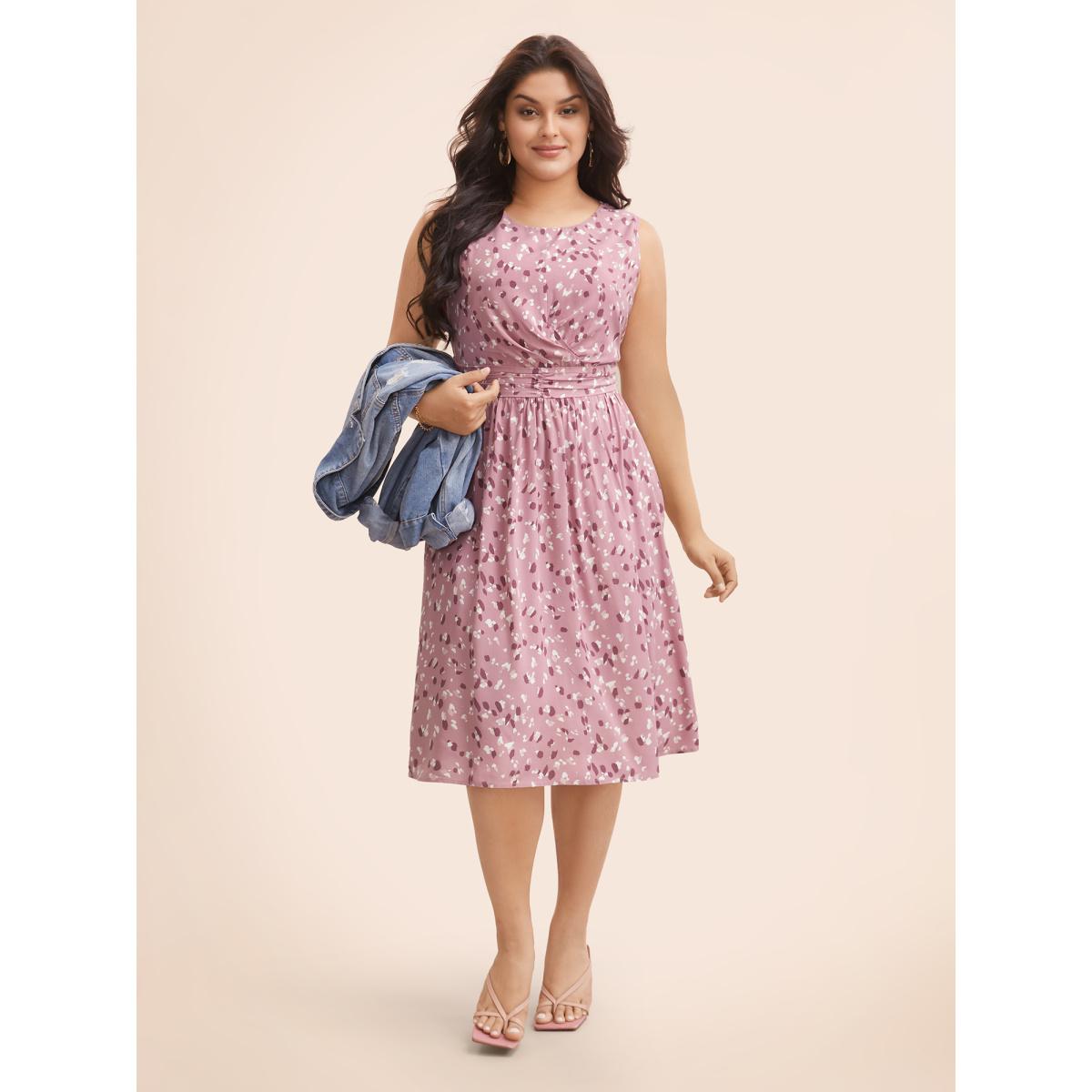 Plus Size Allover Print Pocket Flutter Crossover Ruched Tank Dress DustyPink Women Elegant Twist Round Neck Sleeveless Curvy Midi Dress BloomChic 10/M Product Image