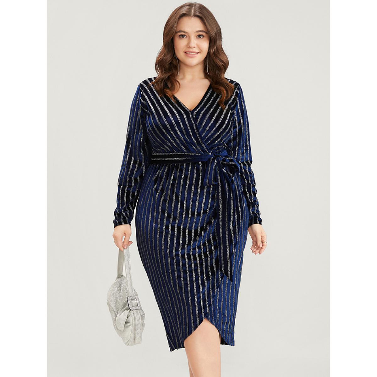 Plus Size Glitter Striped Wrap Belted Velvet Midi Dress Indigo Women Party Velvet V-neck Long Sleeve Curvy Midi Dress BloomChic 14-16/1X Product Image