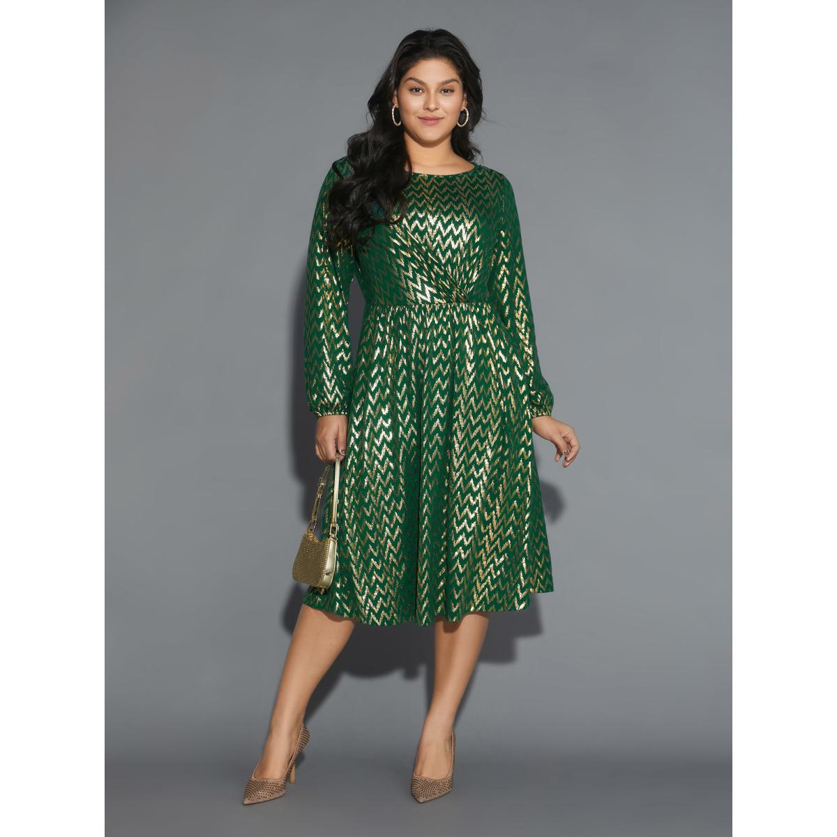 Plus Size Crew Neck Glitter Geometric Gathered Dress Emerald Women Cocktail Texture Round Neck Long Sleeve Curvy BloomChic 14-16/1X Product Image