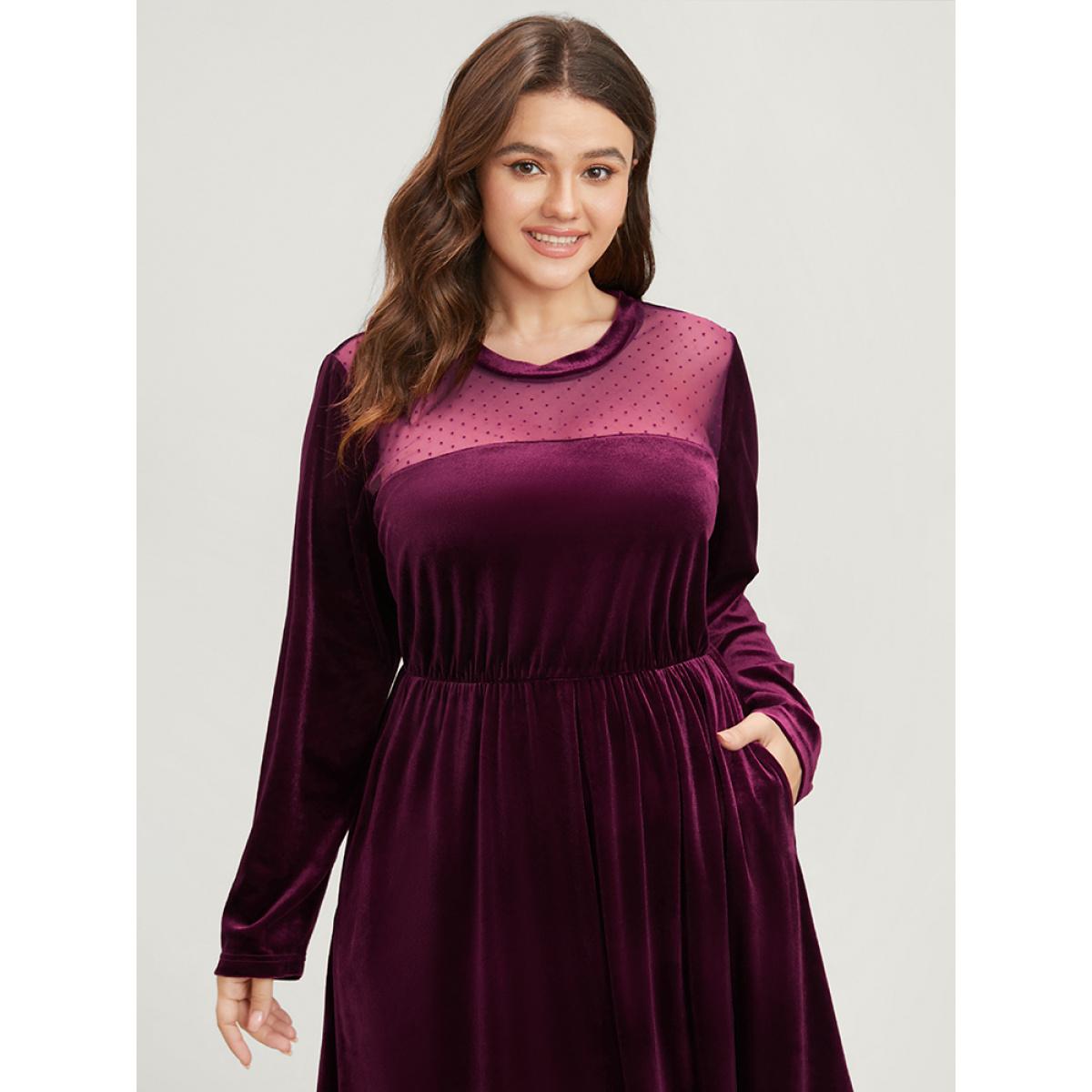 Plus Size Solid Mesh Patchwork Pocket Velvet Arc Hem Dress Burgundy Women Party See through Round Neck Long Sleeve Curvy Midi Dress BloomChic 26/4X Product Image
