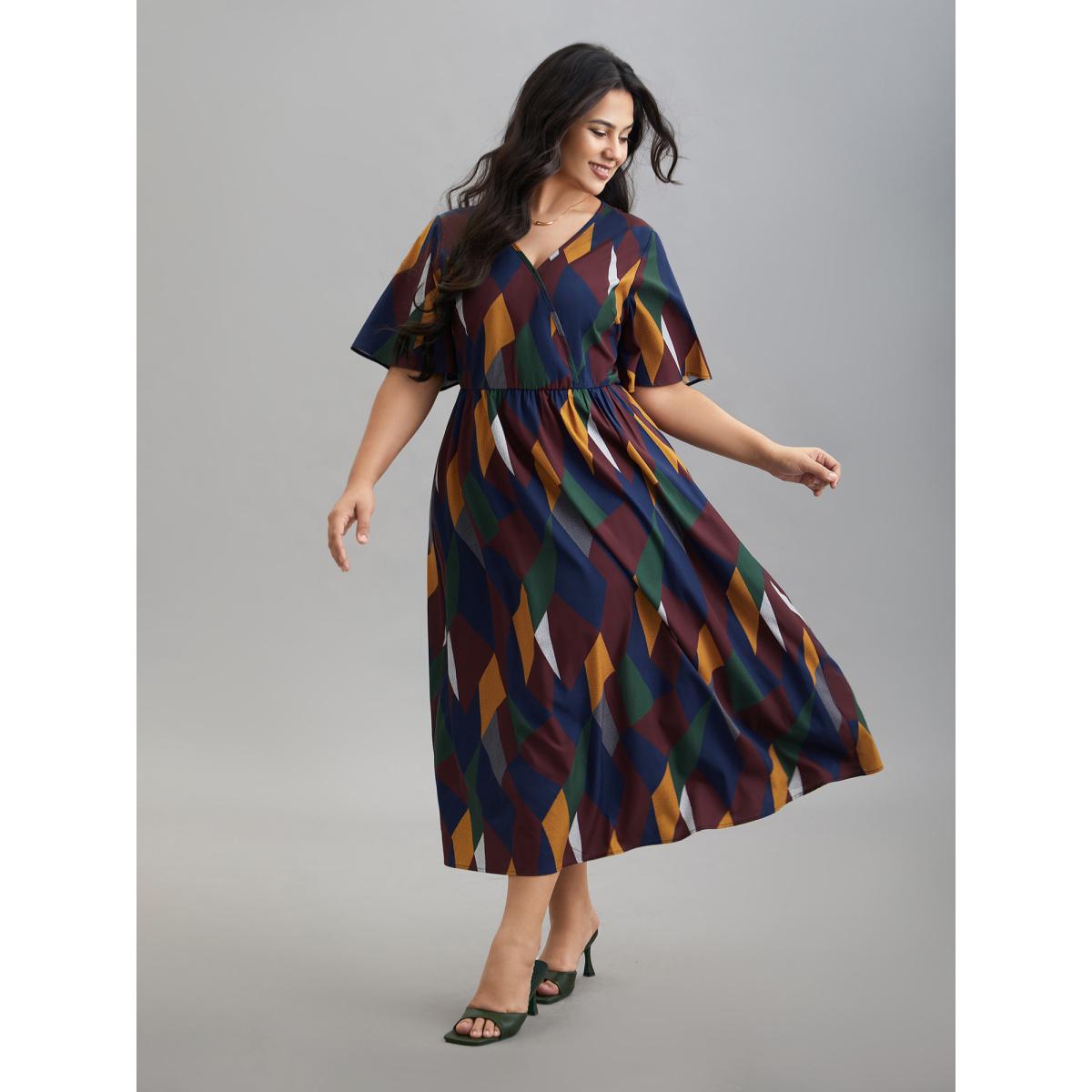 Plus Size Geometric Print Fit and Flare Midi Dress Multicolor Women Elegant Non Overlap Collar Half Sleeve Curvy BloomChic 18-20/2X Product Image