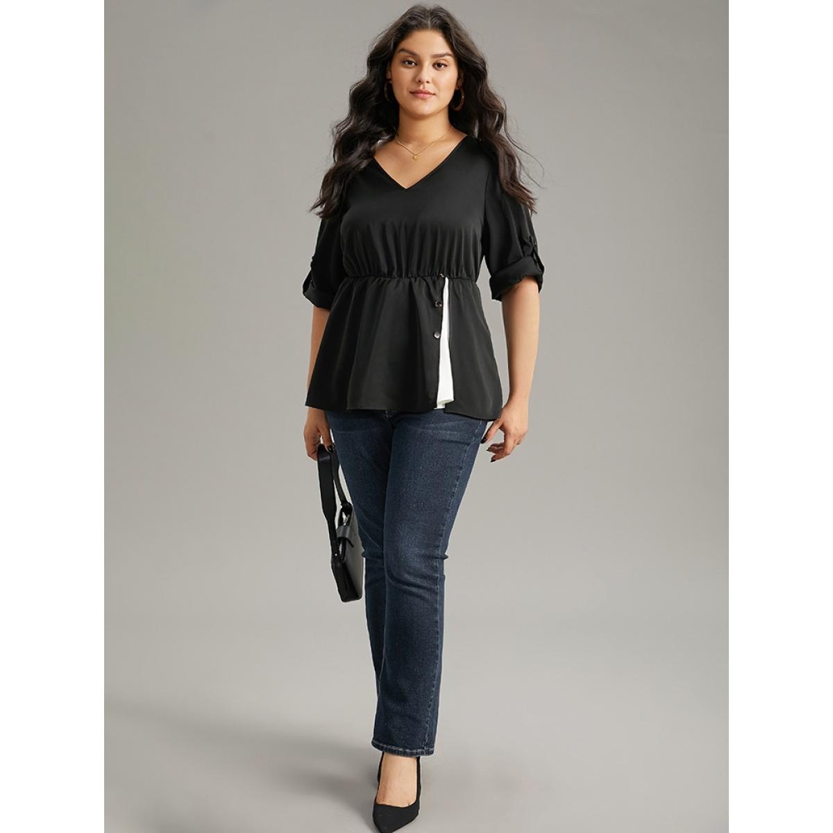Plus Size Black Contrast Button Detail Tab Sleeve Blouse Women At the Office Elbow-length sleeve V-neck Office Blouses BloomChic 10/M Product Image