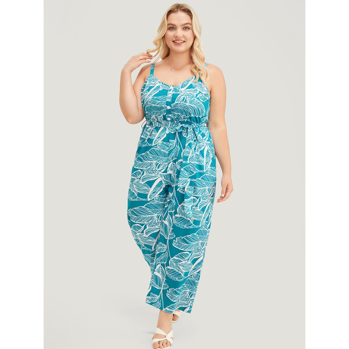 Plus Size Emerald Plant Print Button Through Pocket Belt Cami Jumpsuit Women Vacation Sleeveless Spaghetti Strap Dailywear Loose Jumpsuits BloomChic 12/L Product Image