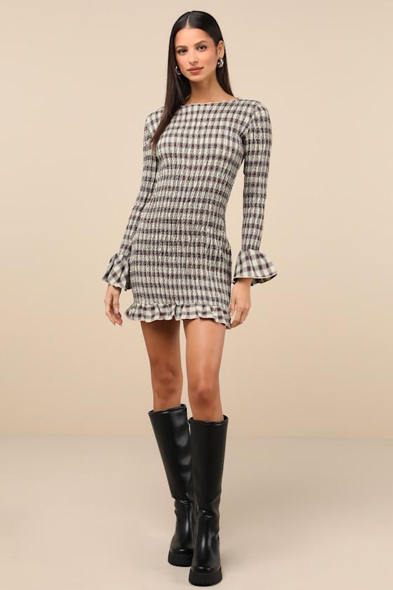 Poised Enthusiasm Brown Gingham Smocked Mini Dress Product Image