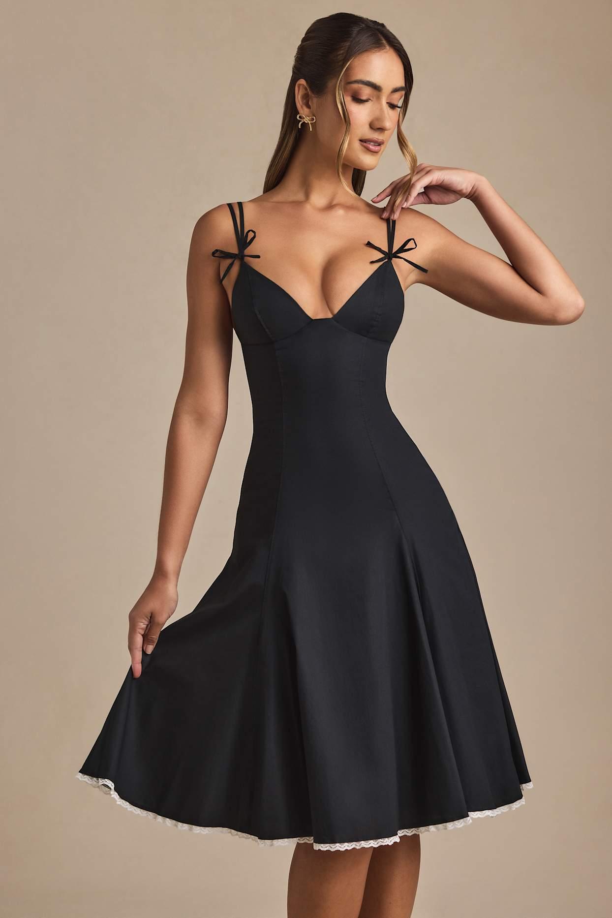 Bow-Detail Lace-Trim A-Line Midi Dress in Black Product Image