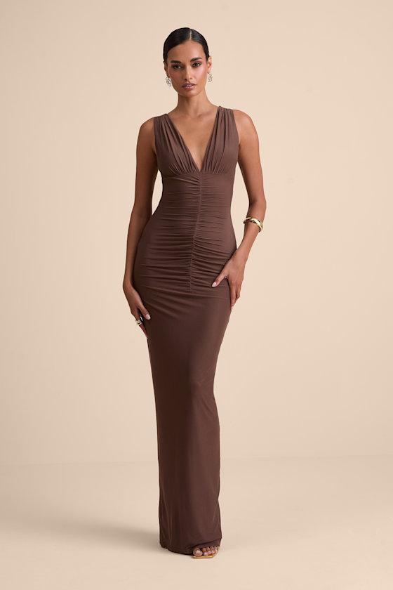 Aveline Brown Jersey Knit Ruched Bodycon Maxi Dress Product Image