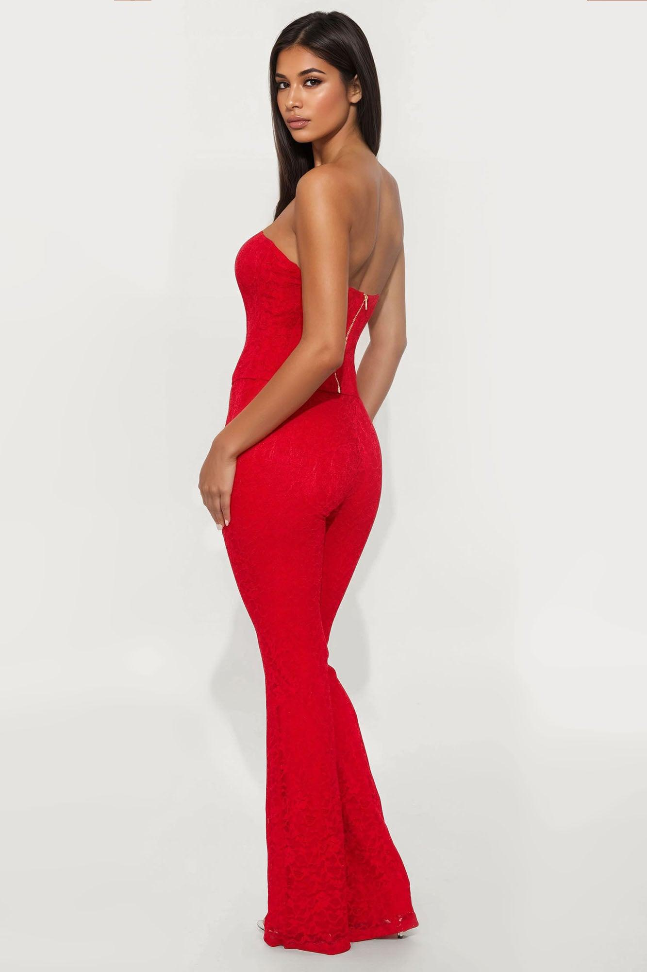 Larissa Corset Fully Lined Lace Pant Set - Red Female Product Image