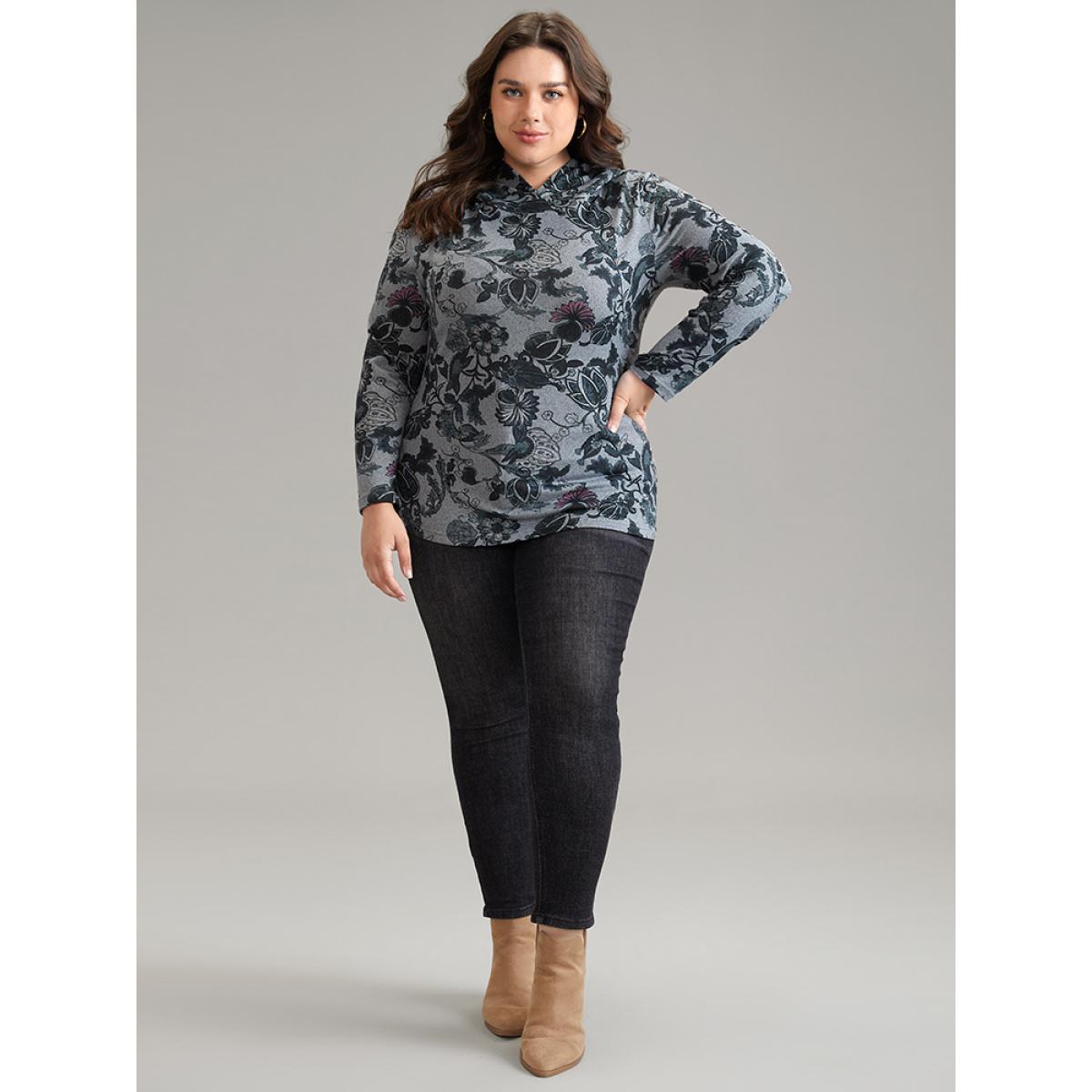 Plus Size Floral Print Hooded T-shirt DimGray Women Elegant Printed Floral Hooded Dailywear T-shirts BloomChic 14-16/1X Product Image