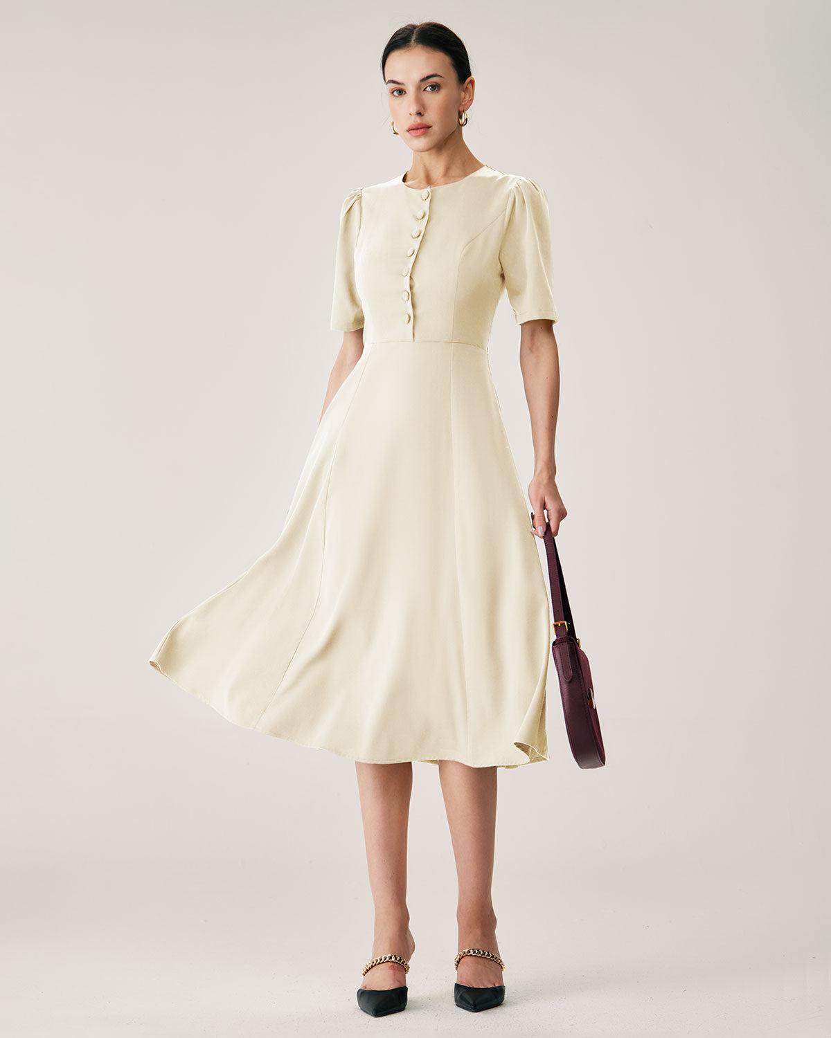 Beige Puffed Sleeve Button Midi Dress Product Image