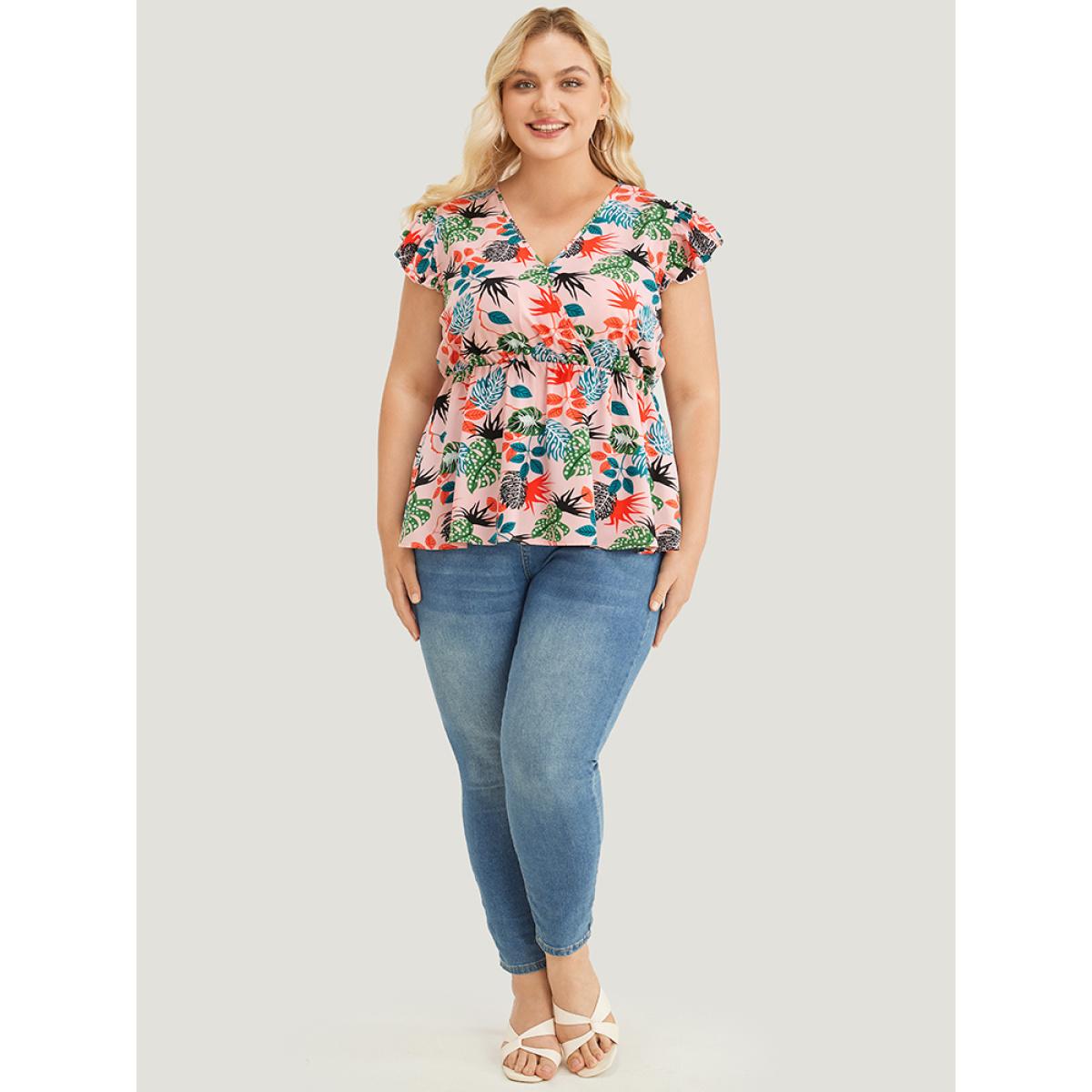 Plus Size Watermelon Plant Print Cap Sleeve Ruffle Wrap Blouse Women Elegant Cap Sleeve V-neck Dailywear Blouses BloomChic 28/5X Product Image