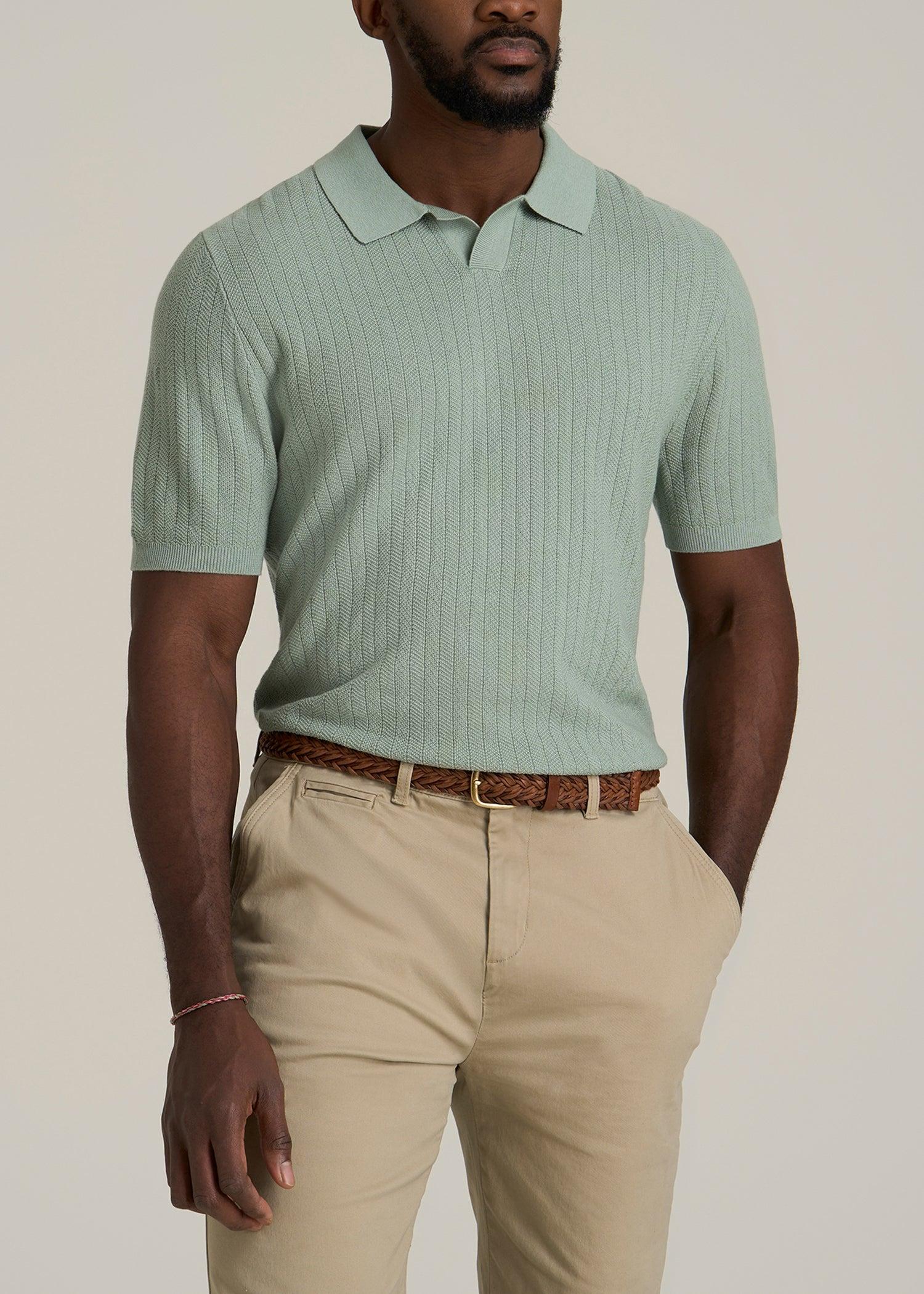 Linen Blend Ribbed Knit Polo Shirt for Tall Men in Seagrass Product Image