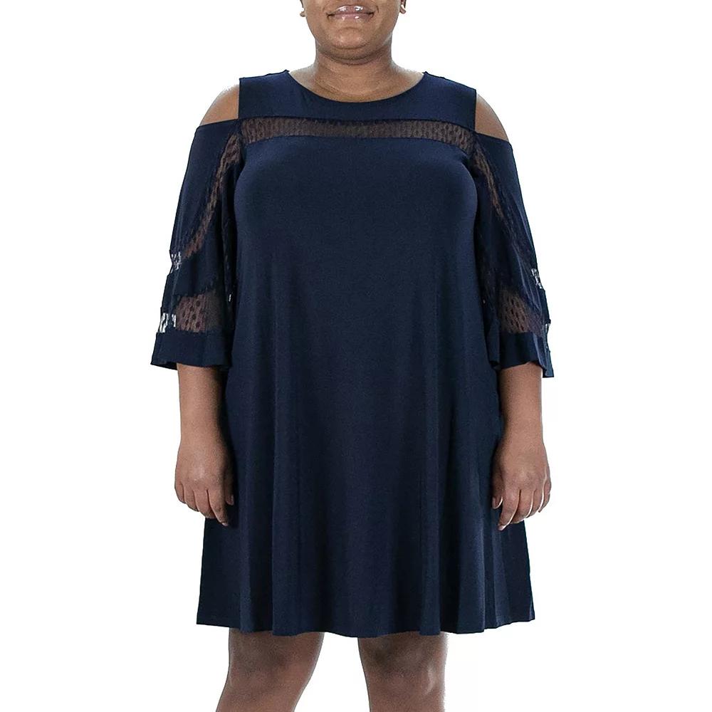 Plus Size Nina Leonard Dot Mesh Yoke Dress, Women's, Size: 1XL, Blue Product Image