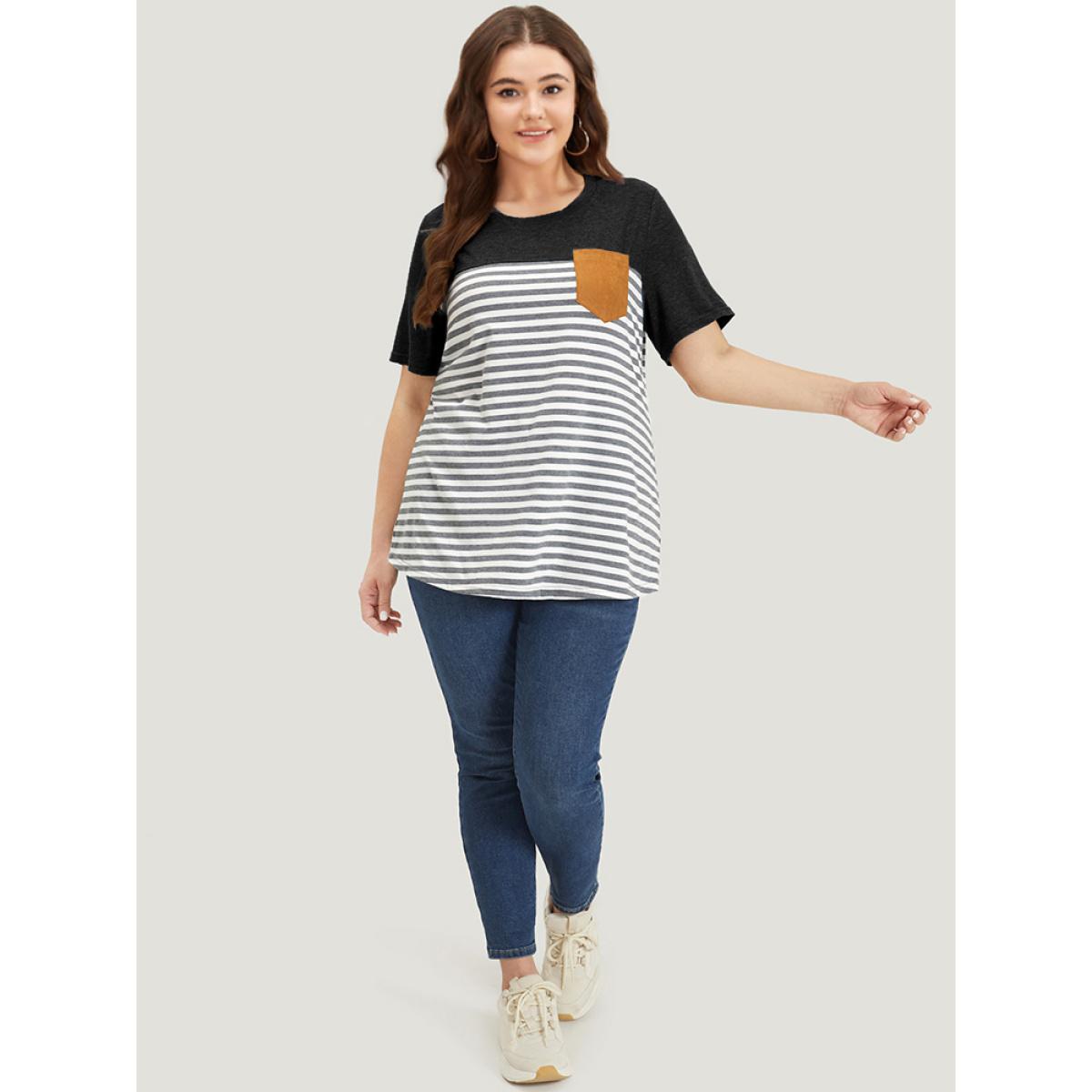 Plus Size Striped Patchwork Round Neck Patched Pocket T-shirt Black Women Casual Patchwork Striped Round Neck Dailywear T-shirts BloomChic 28/5X Product Image