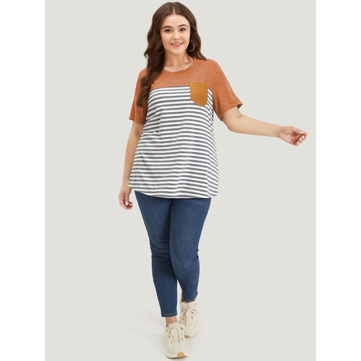 Plus Size Striped Patchwork Round Neck Patched Pocket T-shirt Chocolate Women Casual Patchwork Striped Round Neck Dailywear T-shirts BloomChic 12/L Product Image
