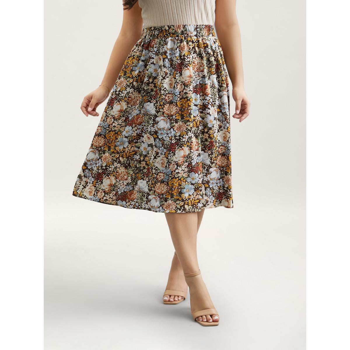 Plus Size Floral Print Stretchy-Waist Midi Skirt Women Multicolor Elegant Contrast No stretch Side seam pocket Everyday Skirts BloomChic 10/M Product Image