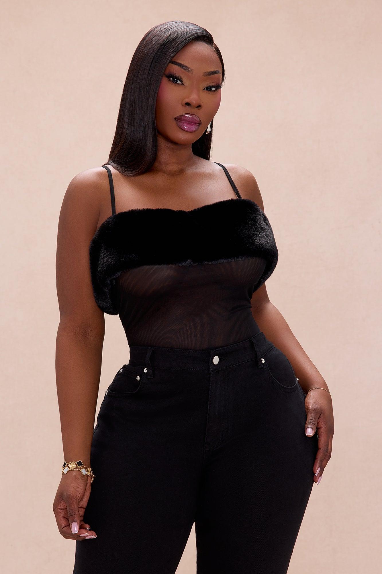 Quinn Fur Trim Mesh Bodysuit - Black Female Product Image