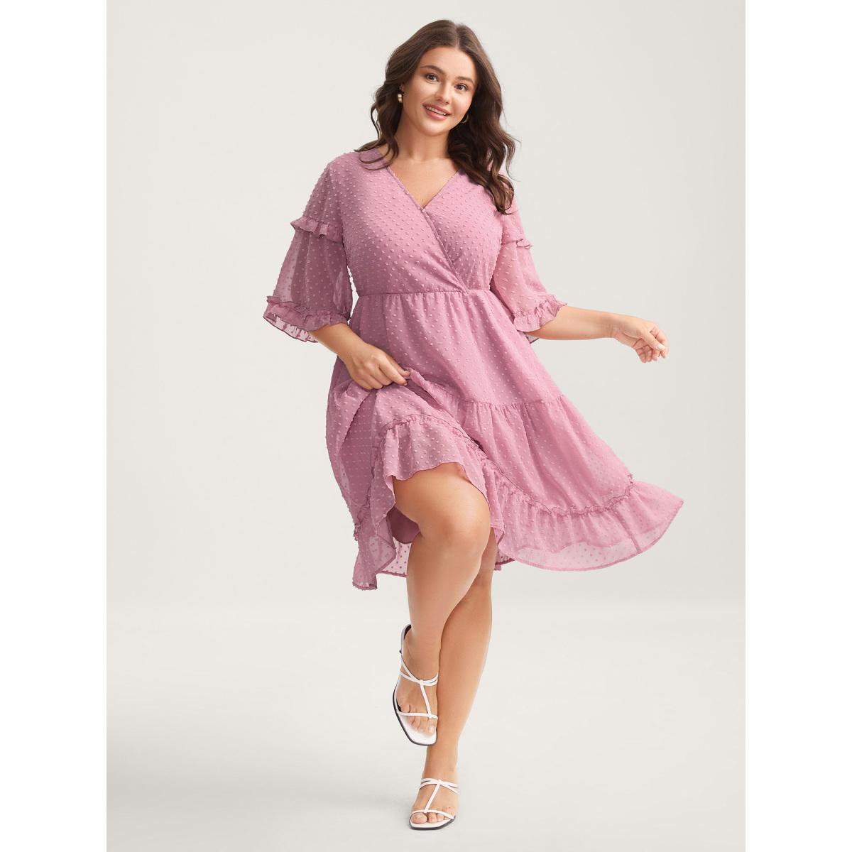 Plus Size Textured Ruffled Trim Surplice Midi Dress Watermelon Women Overlap Collar Half Sleeve Curvy BloomChic 14-16/1X Product Image