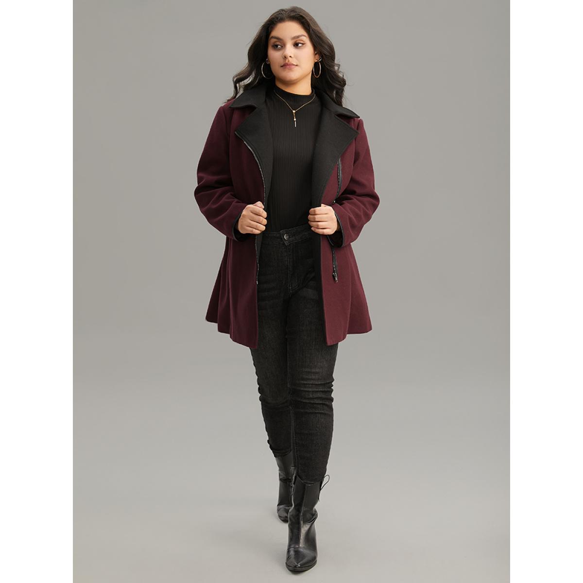 Plus Size Lapel Collar Contrast Patchwork Zipper Belted Coat Women Burgundy Casual Lined Ladies Dailywear Winter Coats BloomChic 18-20/2X Product Image