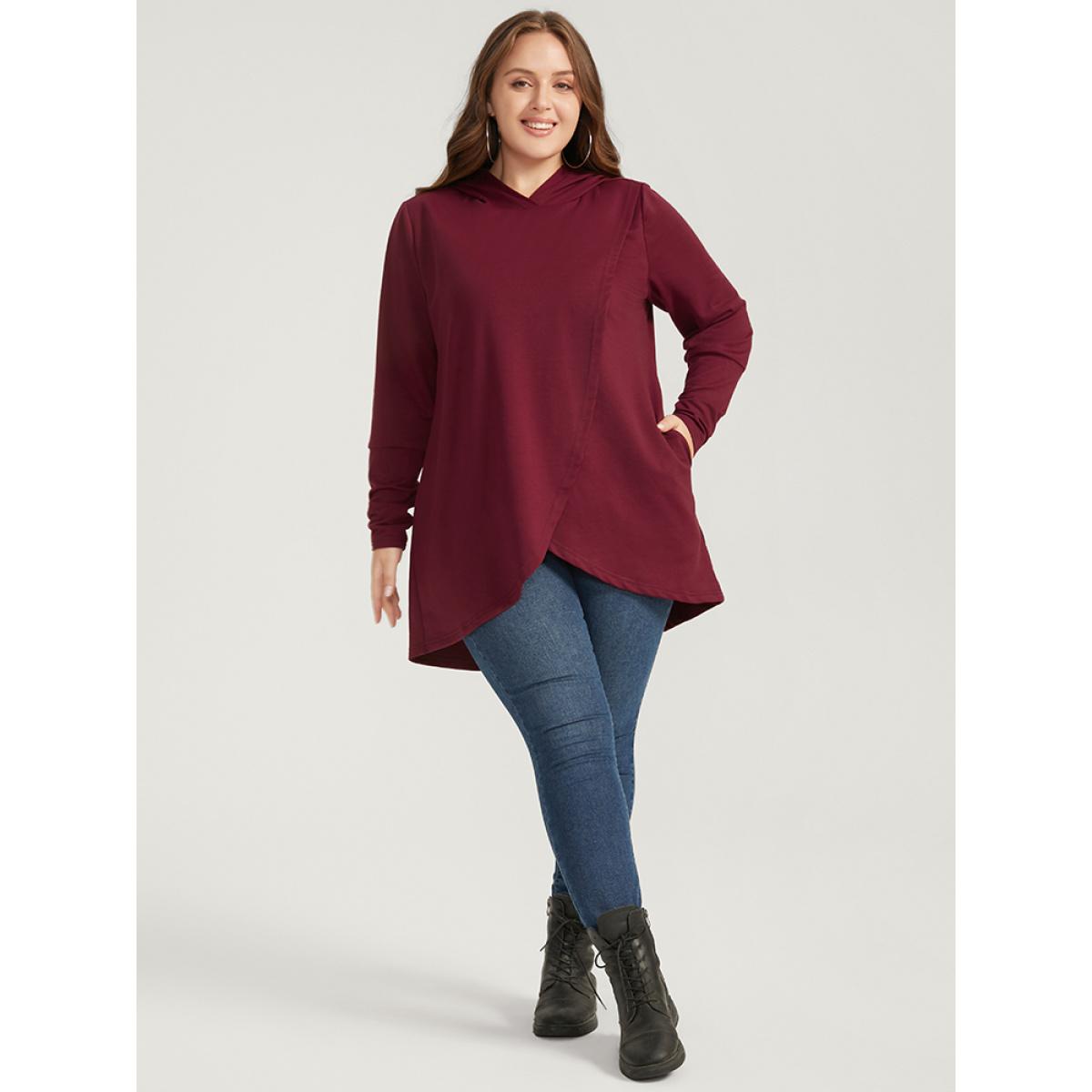 Plus Size Solid Pocket High Low Hem Hooded Sweatshirt Women Burgundy Casual Pocket Hooded Dailywear Sweatshirts BloomChic 18-20/2X Product Image