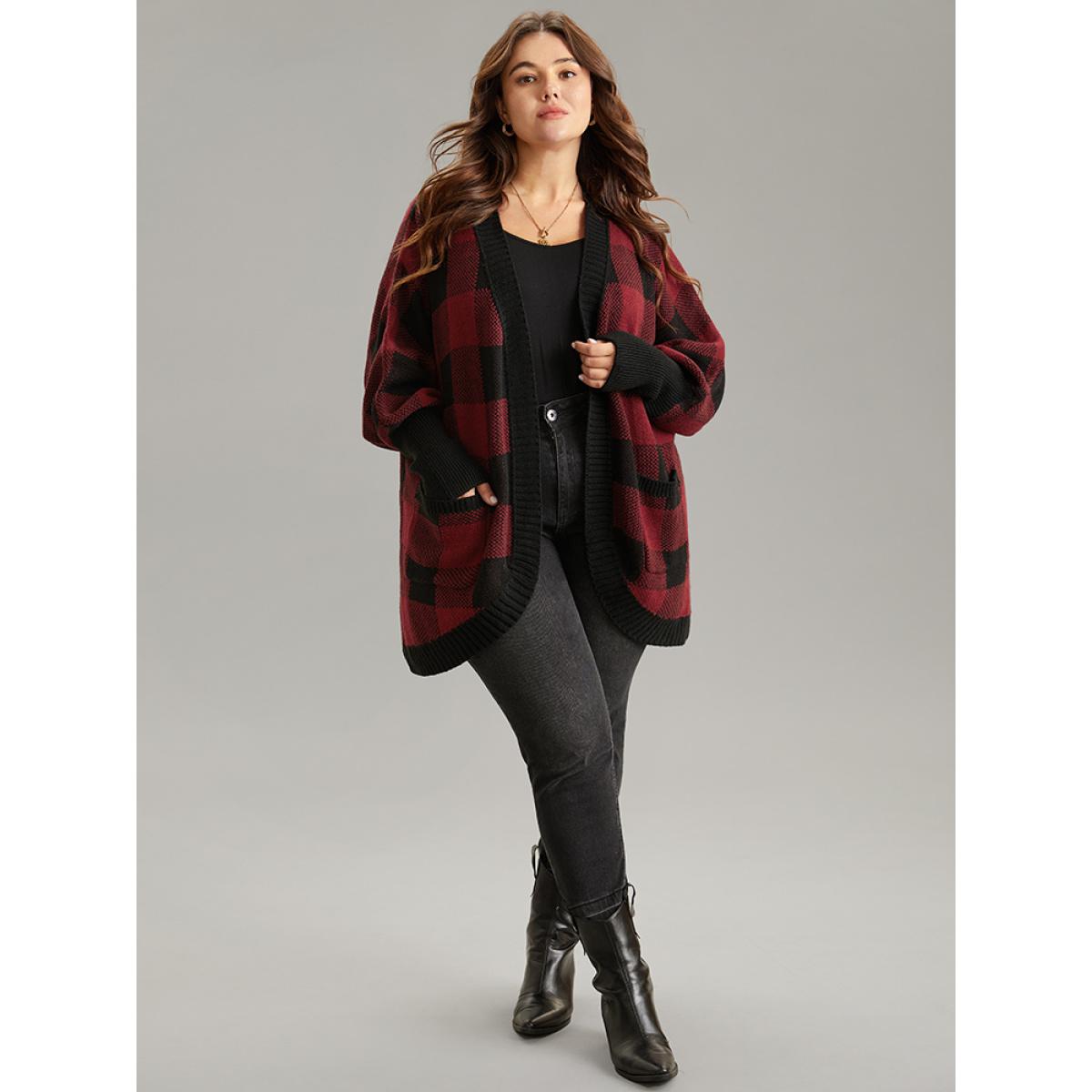 Plus Size Plaid Contrast Open Front Dolman Sleeve Cardigan Scarlet Women Casual Loose Long Sleeve Dailywear Cardigans BloomChic 30/6X Product Image