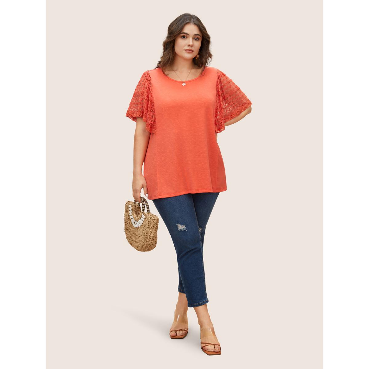 Plus Size Crochet Lace Mesh Flutter Sleeve T-shirt OrangeRed Women Resort Patchwork Round Neck Vacation T-shirts BloomChic 10/M Product Image