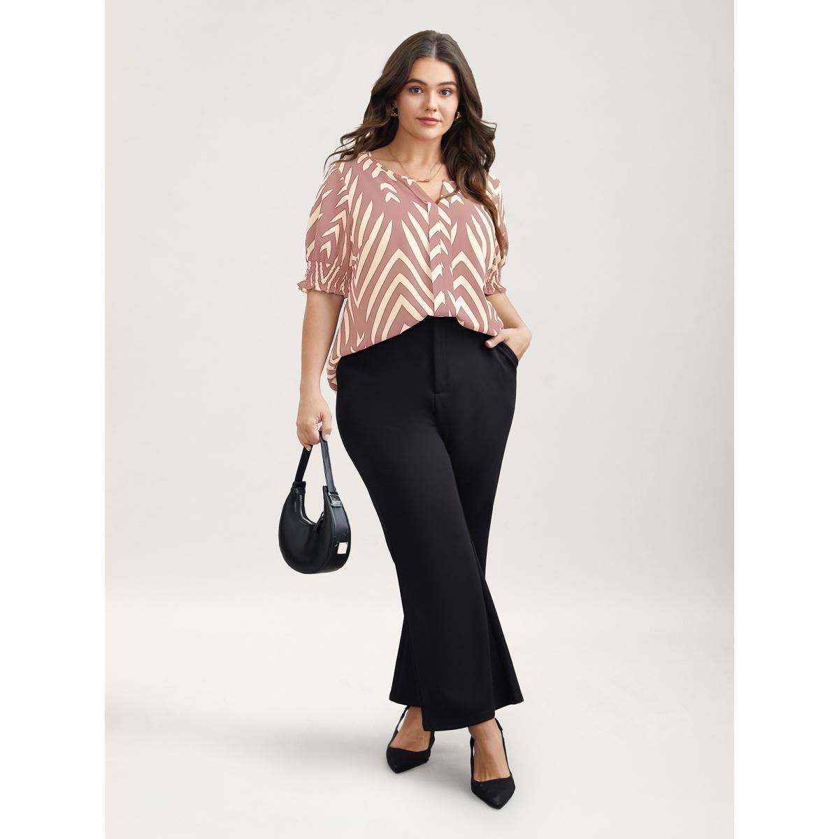 Plus Size DustyPink Geometric Print Ruffled Shirred Shirt Women Office Half Sleeve Flat collar with V-notch Office Blouses BloomChic 22-24/3X Product Image