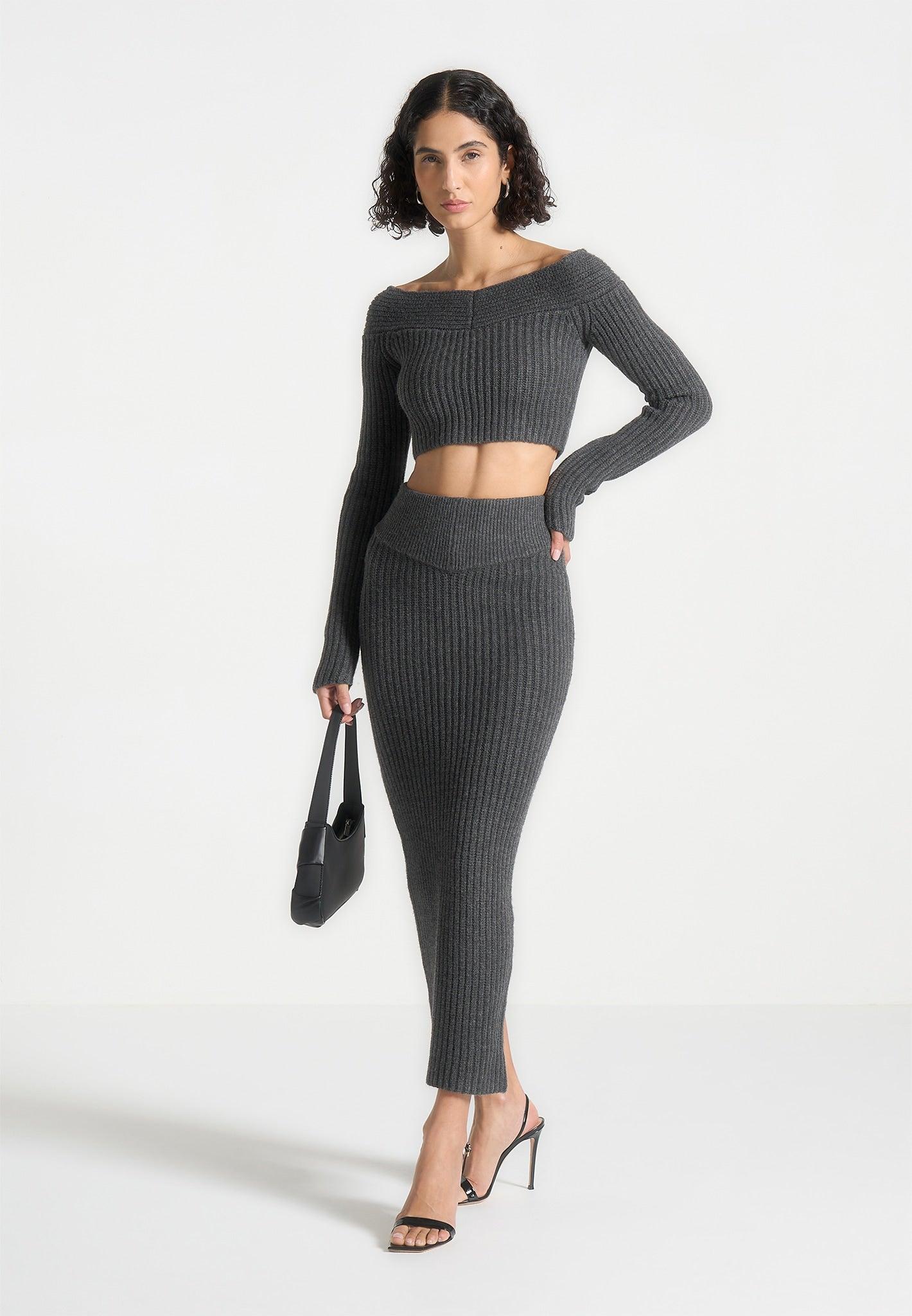 Off Shoulder Knit Crop Top - Grey Marl Female Product Image