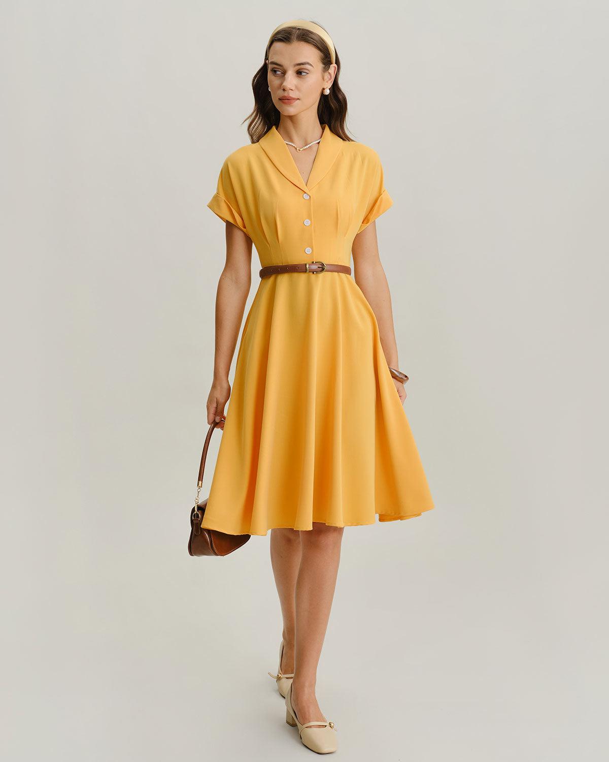 Yellow Cowl Sleeve Pleated Midi Dress Product Image