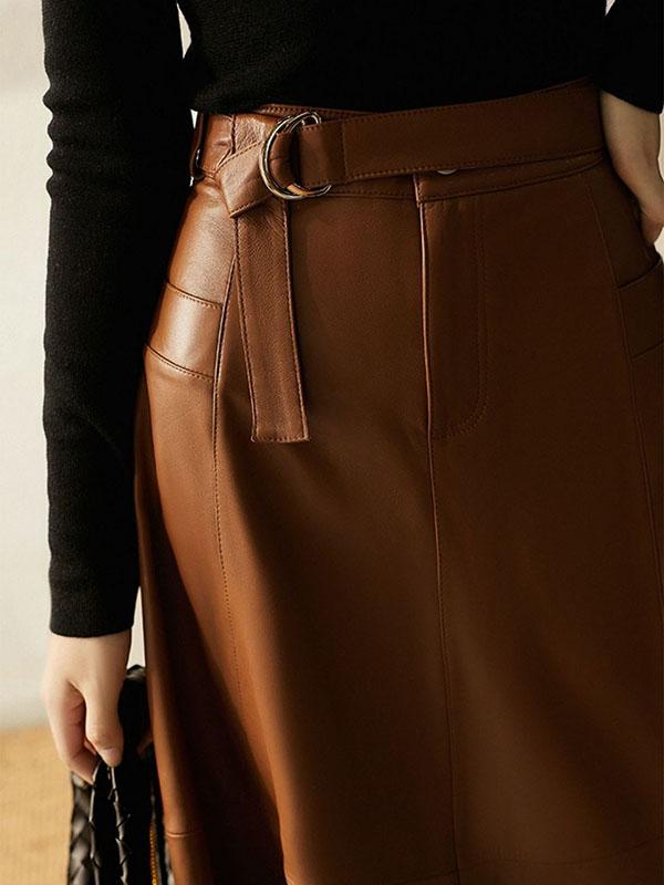 A-Line High Waisted Belted Buttoned Pockets Solid Color Split-Joint Zipper Skirts Bottoms Product Image