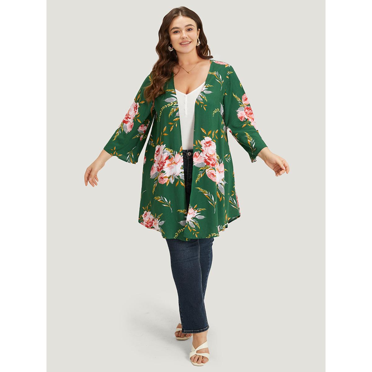 Plus Size Floral Print Open Front Asymmetrical Hem Kimono Women DarkGreen Casual Asymmetrical Loose Dailywear Kimonos BloomChic 26/4X Product Image