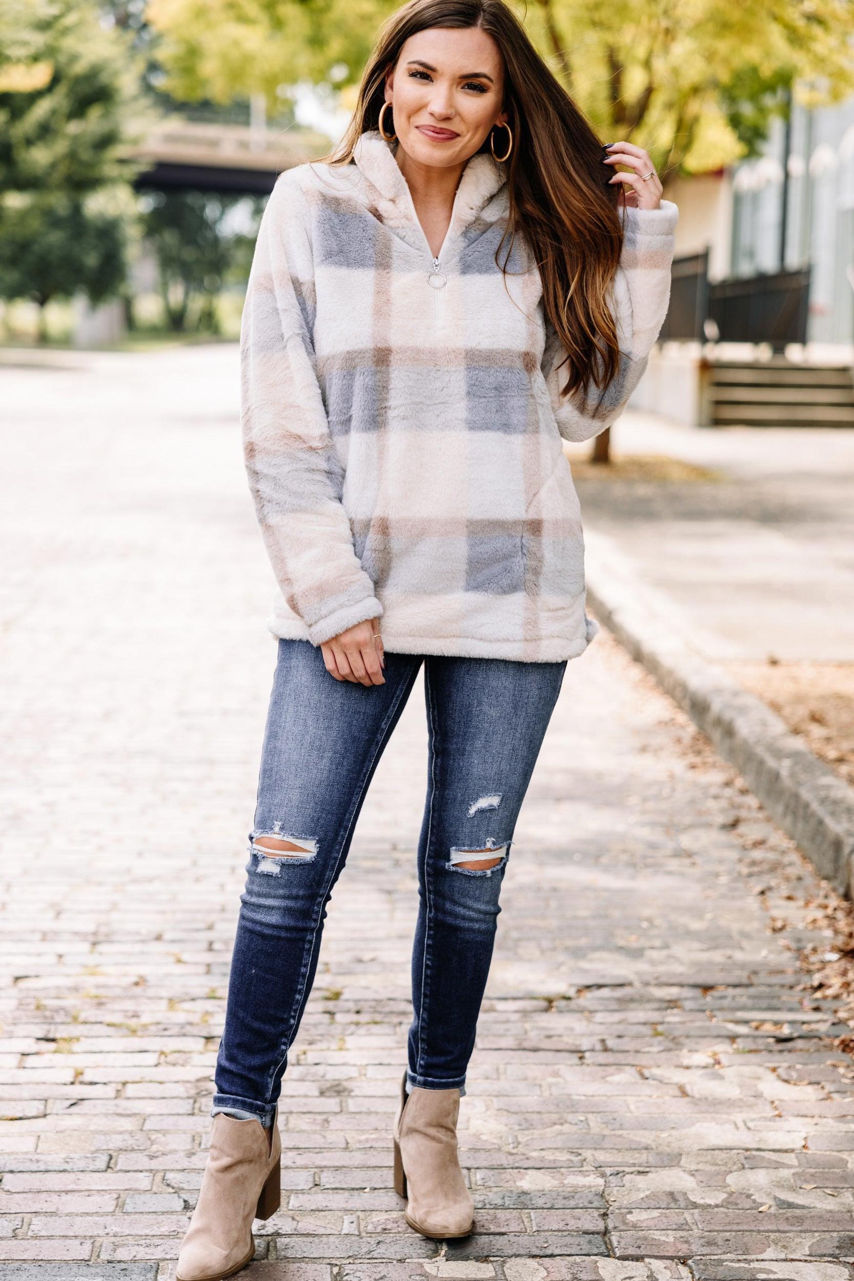 On The Schedule Gray Plaid Pullover Female Product Image
