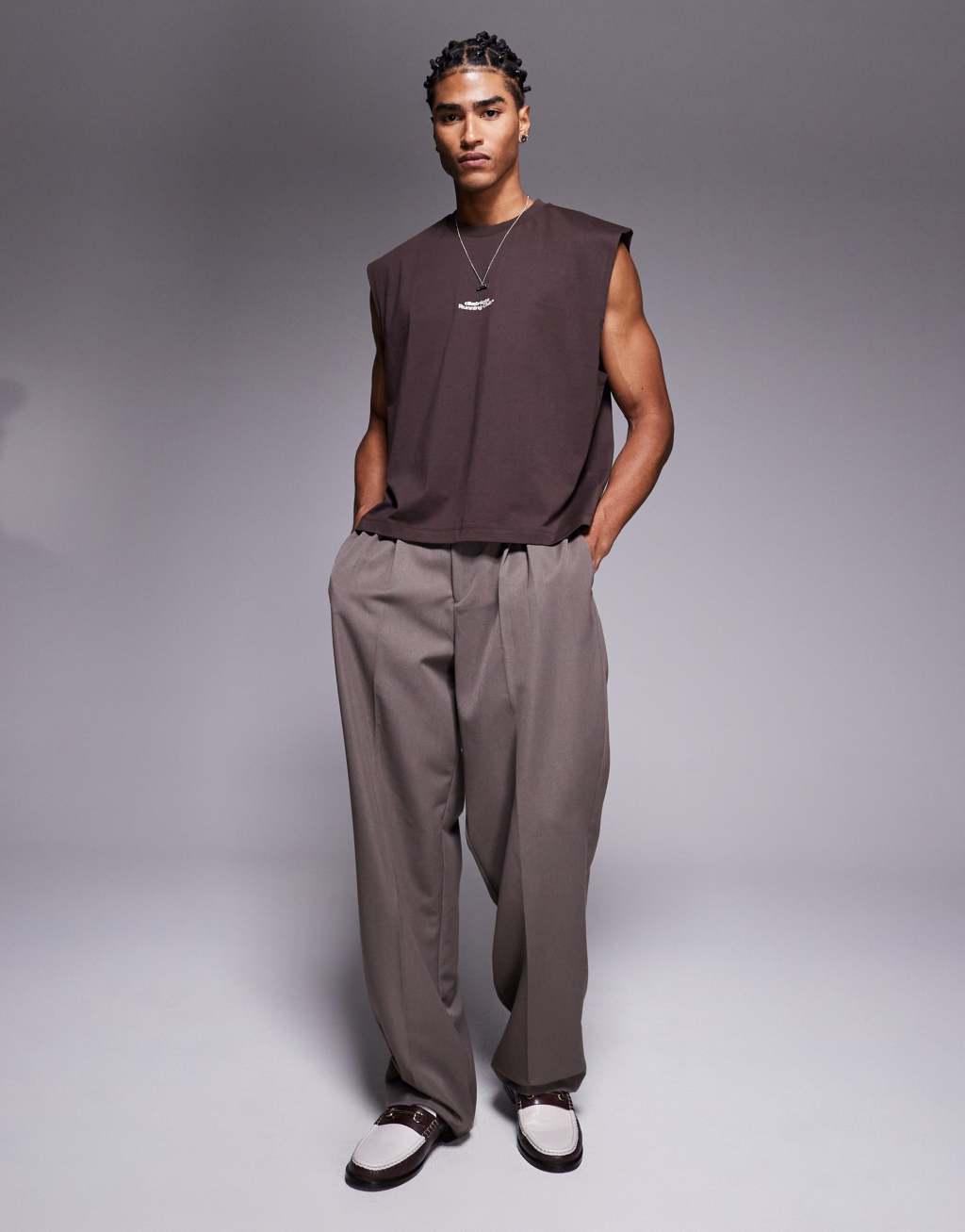 ASOS DESIGN boxy oversized athletic graphic tank top in brown Product Image