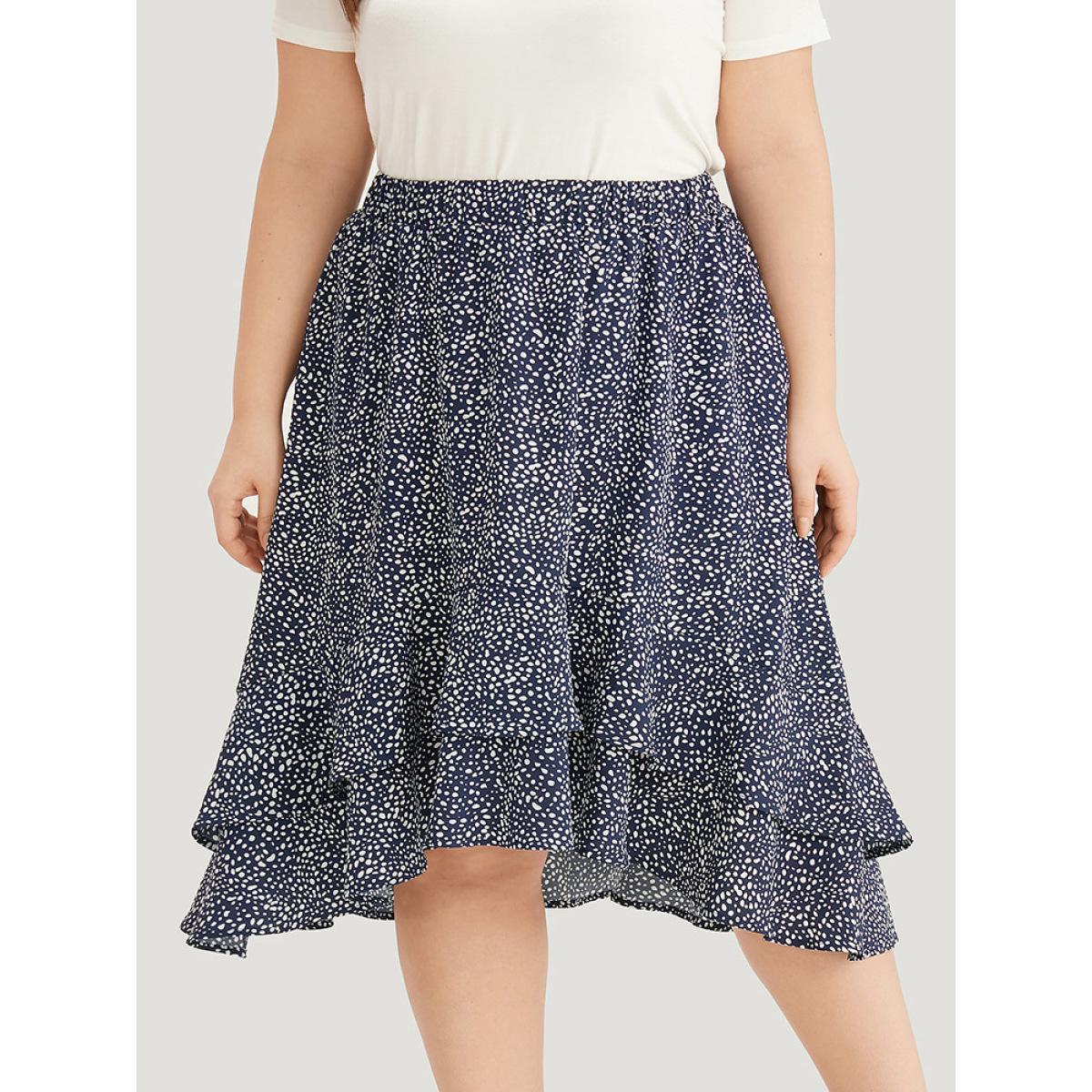 Plus Size Allover Print Pocket Ruffle Layered Hem Skirt Women Indigo Elegant Elastic Waist No stretch Pocket Dailywear Skirts BloomChic 30/6X Product Image