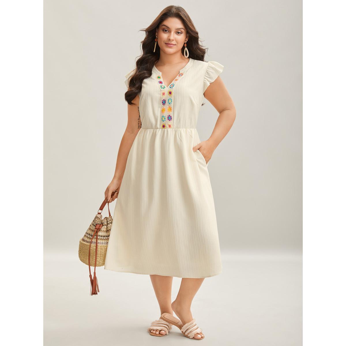 Plus Size Notched Collar Spliced Pockets Midi Dress Beige Women Ruffles Notched collar Cap Sleeve Curvy BloomChic 18-20/2X Product Image