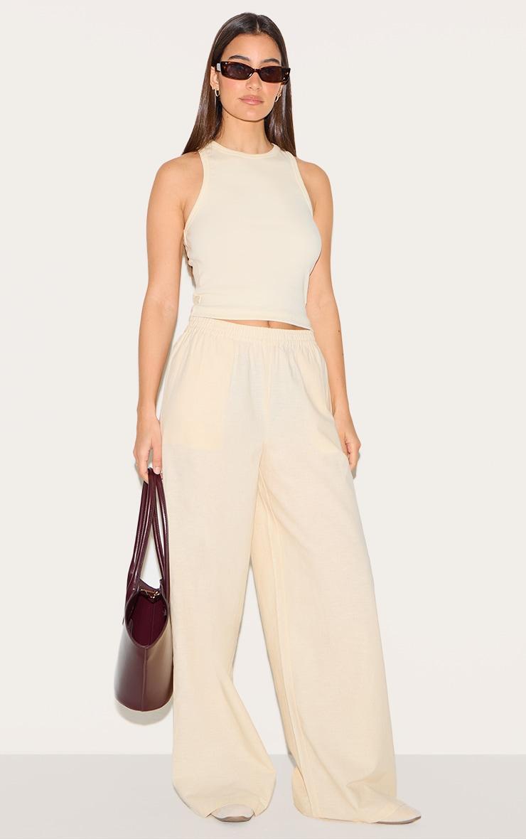 Cream Cotton Linen Look Elasticated Waist Straight Leg Pants Product Image