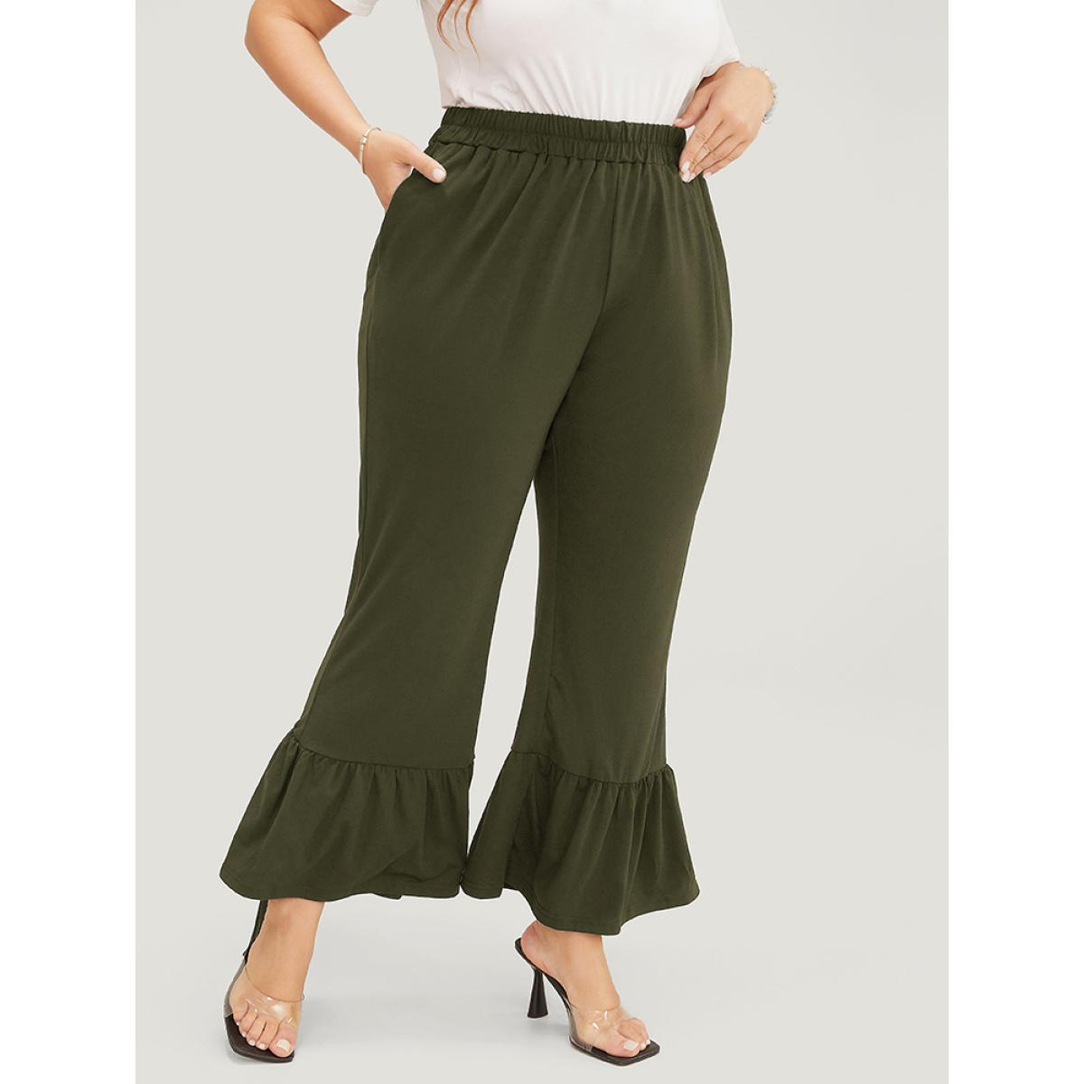 Plus Size Solid Pocket Elastic Waist Flare Leg Pants Women ArmyGreen Casual Mid Rise Dailywear Pants BloomChic 28/5X Product Image