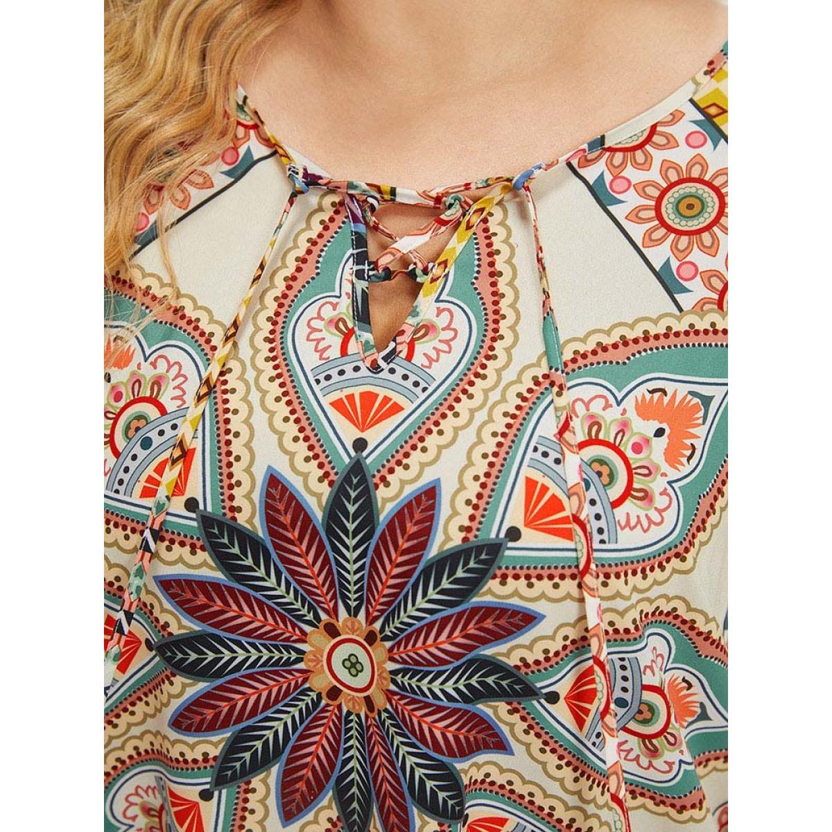 Plus Size Paisley Print Pocket Lace Up Raglan Sleeve Dress Multicolor Women Vacation Elastic cuffs Keyhole Cut-Out Elbow-length sleeve Curvy Knee Dress BloomChic 22-24/3X Product Image