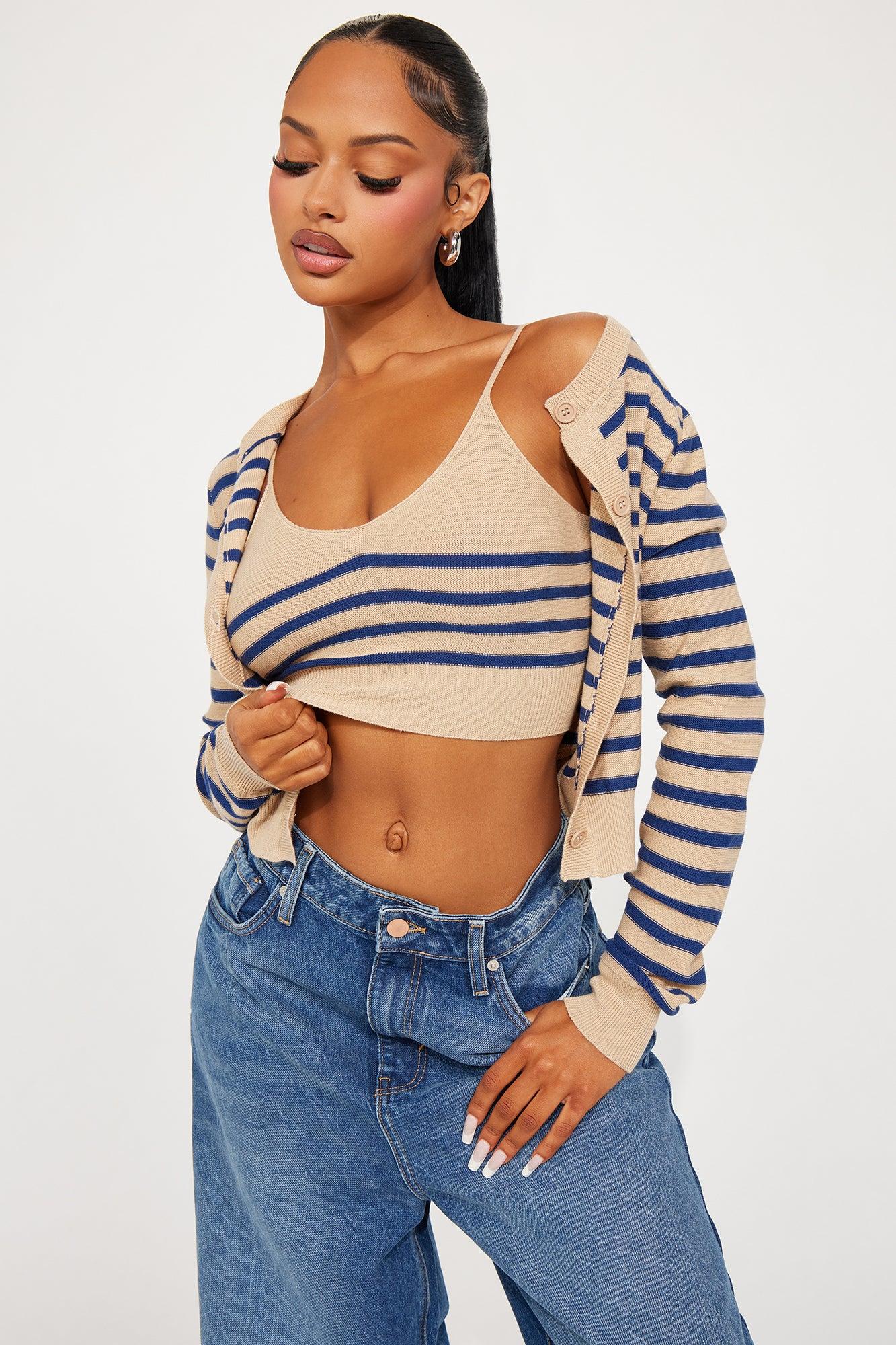 Rhode Island Striped 2 Piece Cropped Cardigan Sweater - Taupe/combo Product Image
