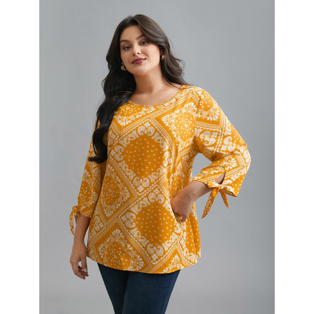 Plus Size Turmeric Round Neck Bandana Print Sleeve Tie Blouse Women Elegant Elbow-length sleeve Round Neck Everyday Blouses BloomChic 18-20/2X Product Image