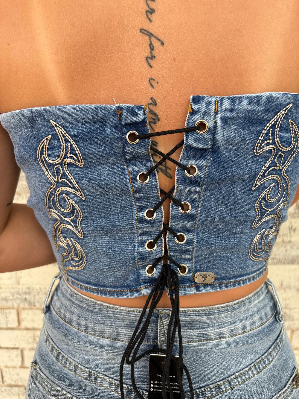 L&B Stone Wash Boot Stitch Embroidered Denim Tie Up Corset Product Image