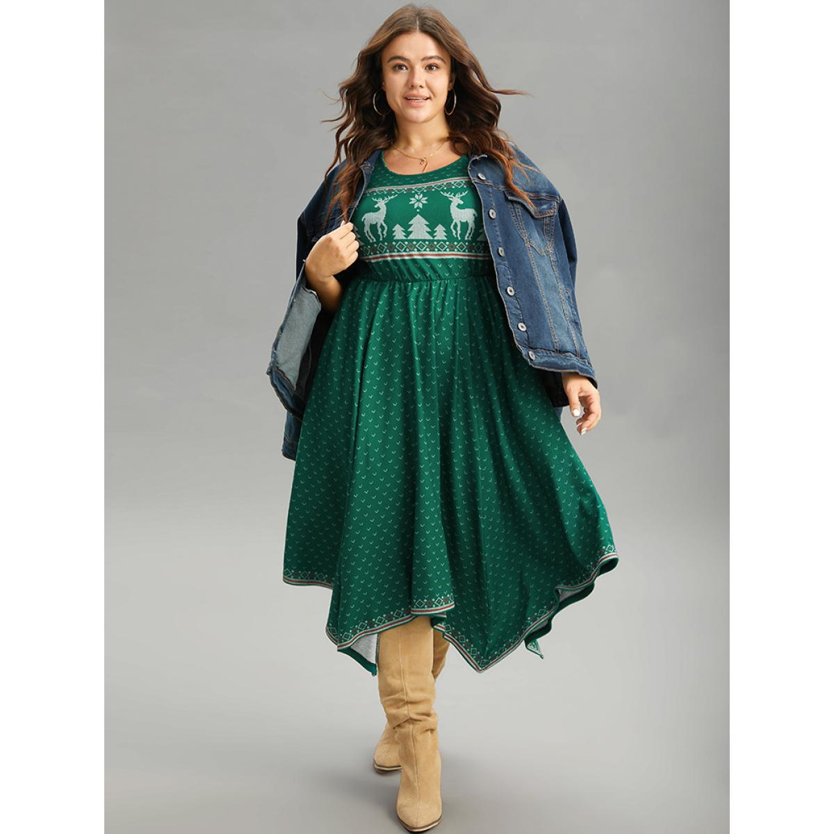 Plus Size Christmas Elk Elastic Waist Hanky Hem Dress Cyan Women Casual Printed Round Neck Half Sleeve Curvy Midi Dress BloomChic 22-24/3X Product Image