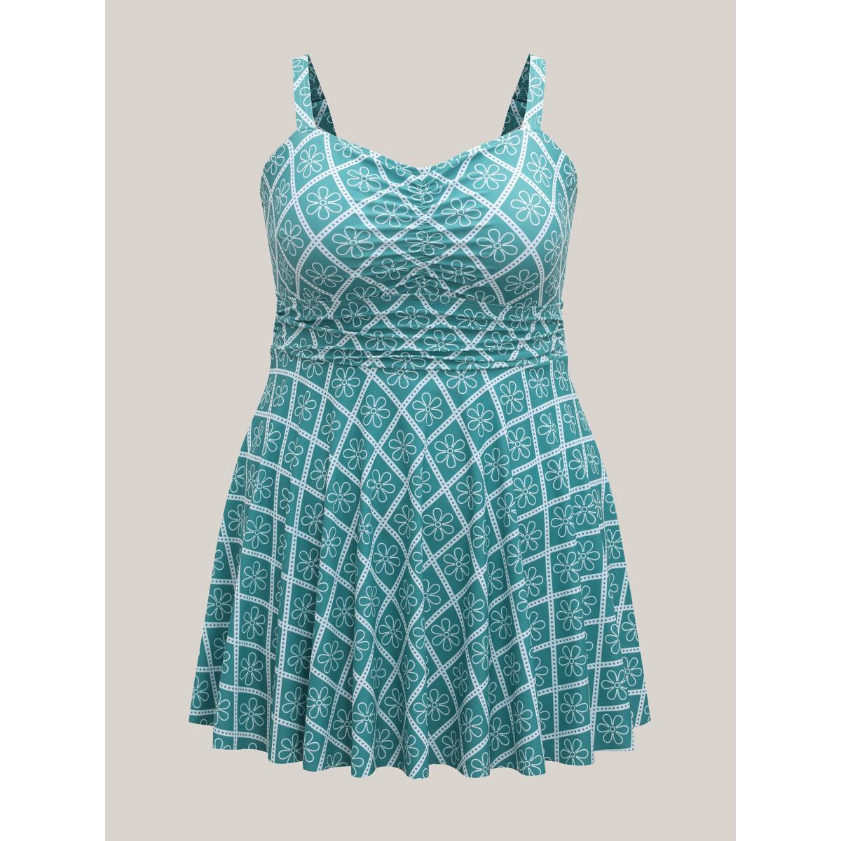 Plus Size Anti-Float Tie Boho Print Swim Dress Women's Swimwear Emerald Beach Bodycon Heart neckline High stretch Curve Swim Dresses BloomChic 14-16/1X Product Image