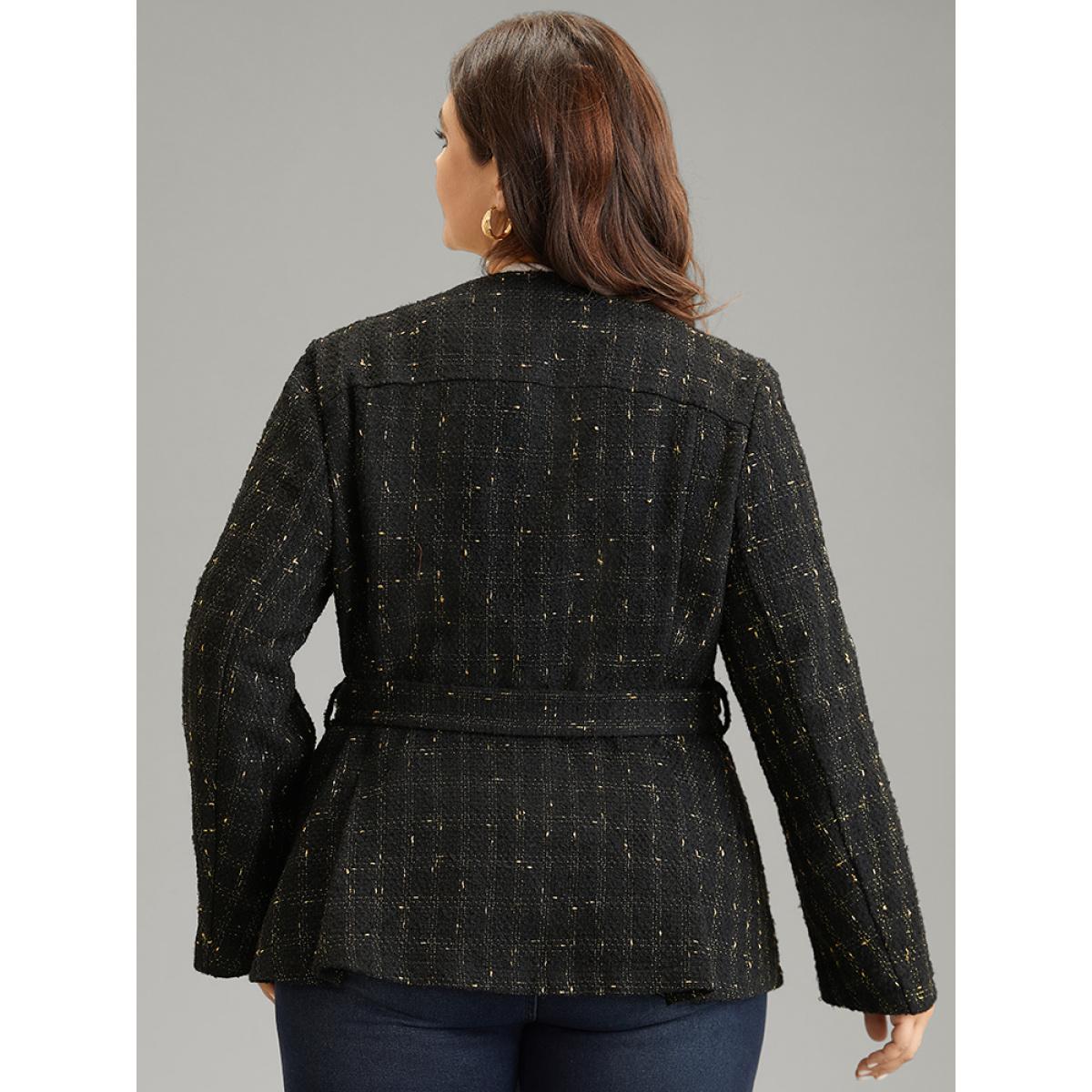 Plus Size Tweed Metal Detail Belted V Neck Blazer Black Women Dailywear Plain Sleeve Long Sleeve V-neck 28/5X Pocket Belt Elegant Blazers BloomChic Product Image