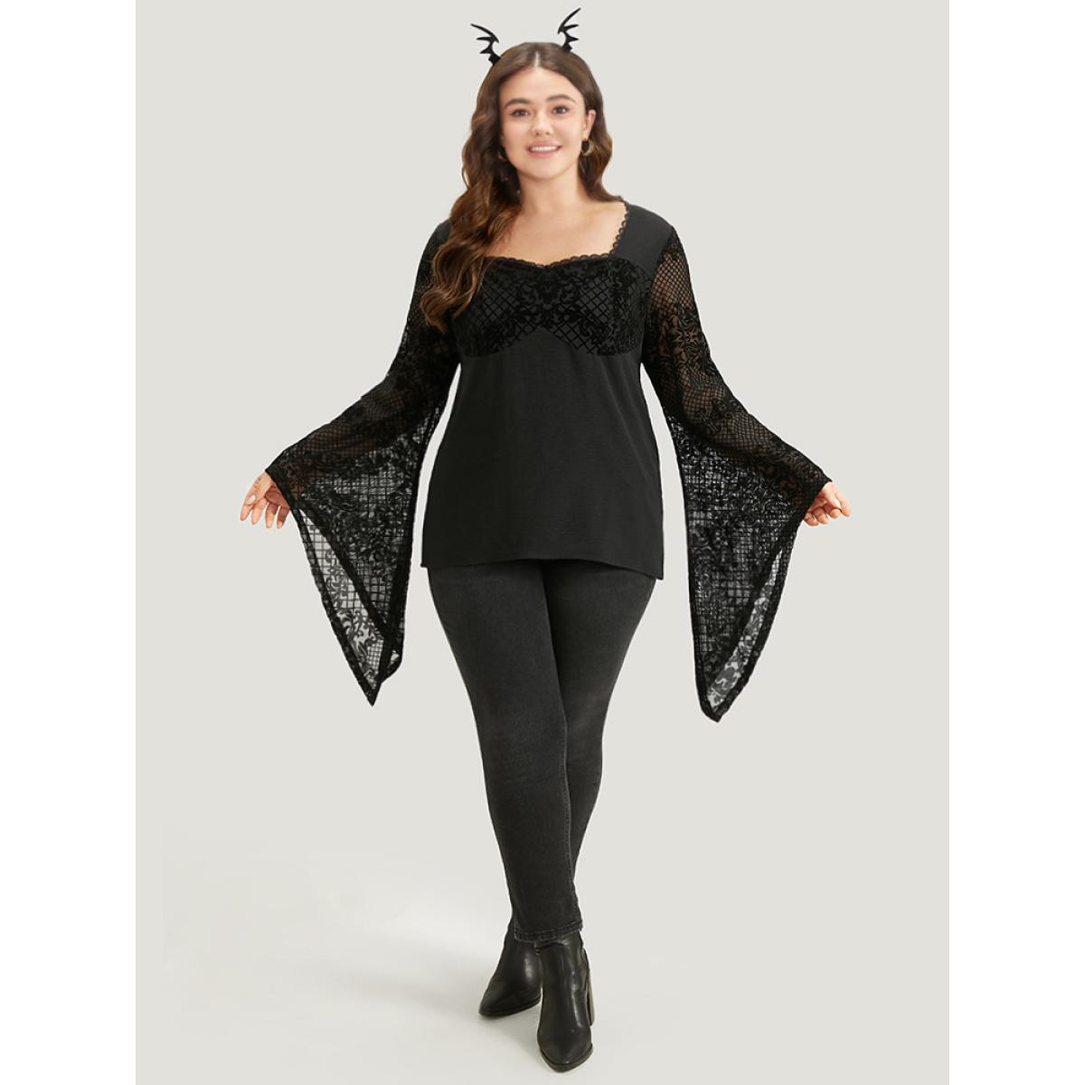 Plus Size Black Halloween Floral Eyelet Lace Mesh Bell Sleeve Blouse Women Elegant Long Sleeve Square Neck Festival-Halloween Blouses BloomChic 10/M Product Image