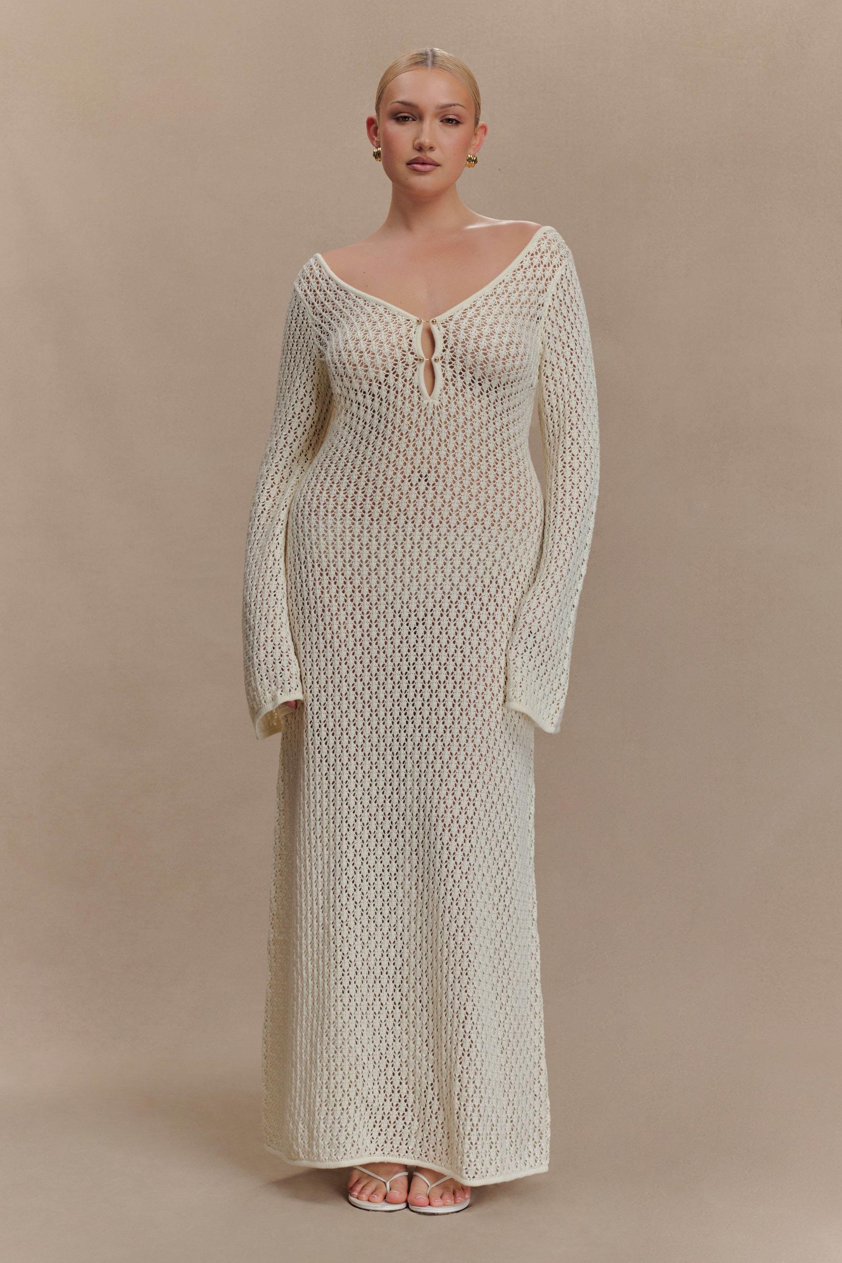 Kayleigh Crochet Fishtail Flare Sleeve Maxi Dress - White Product Image